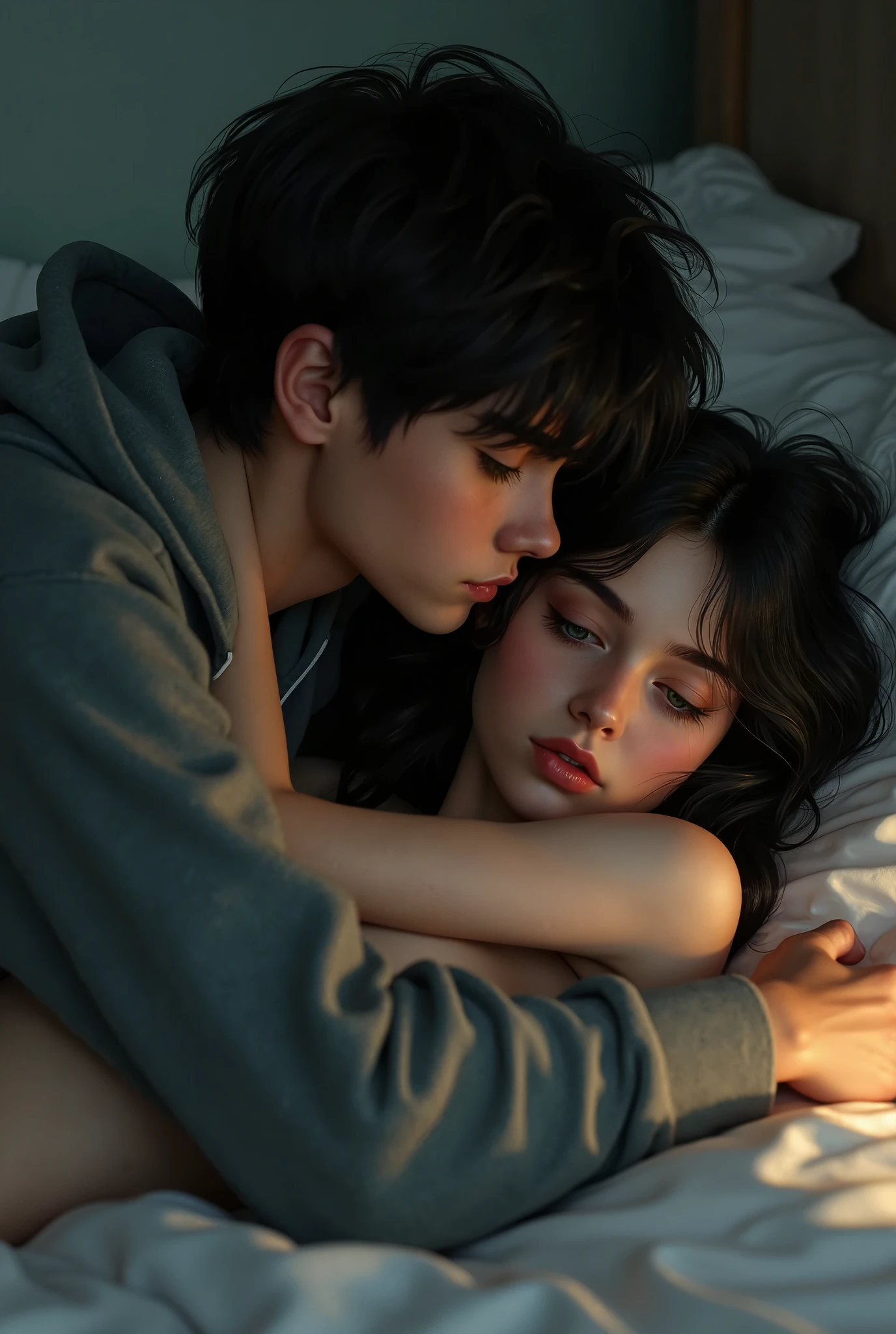 beautiful age girl in school uniform, Cradling unconscious man, detailed face, beautiful detailed eyes, beautiful detailed lips, extremely detailed face, long eyelashes, photorealistic, 8k, highly detailed, masterpiece, cinematic lighting, dramatic lighting, moody lighting, muted colors, warm colors, realistic skin tones, intricate details, realistic fabric textures, hyper realistic