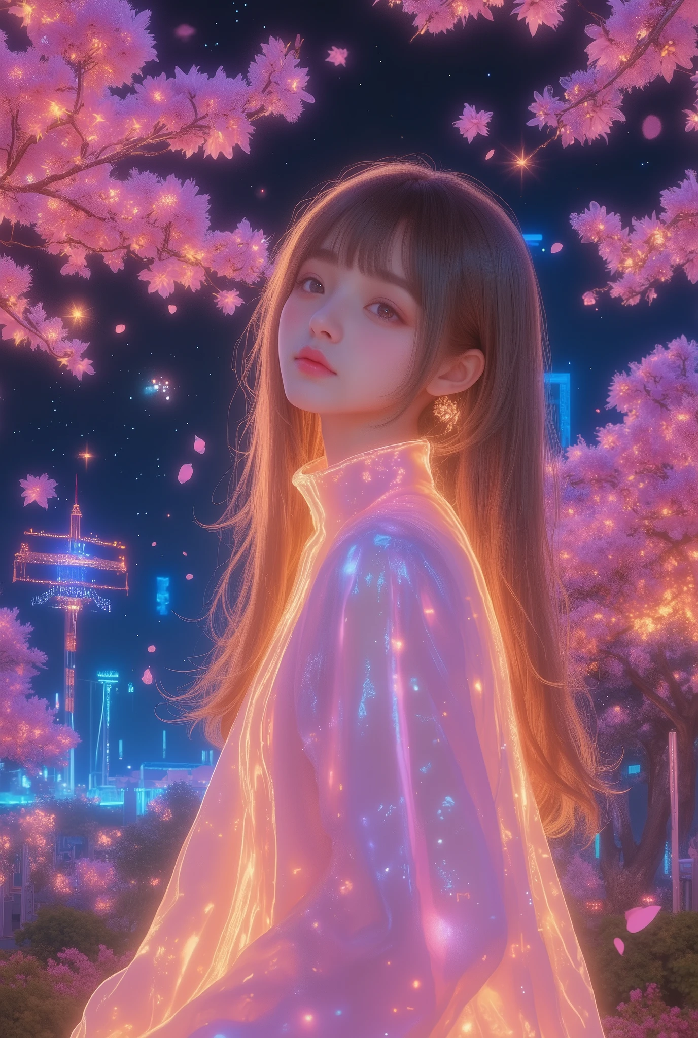 photorealistic, A stunning girl wearing a pink dress with neon glowing lines outlining its edges, dynamic pose,standing beneath burning cherry blossoms with fiery petals scattering into the air, the night sky glitching with pixelated stars and digital distortions, creating a surreal and mismatched atmosphere, vivid neon lights blending with fiery elements and digital effects, glowing aura surrounding the girl, a captivating and unique scene full of contrasts.
