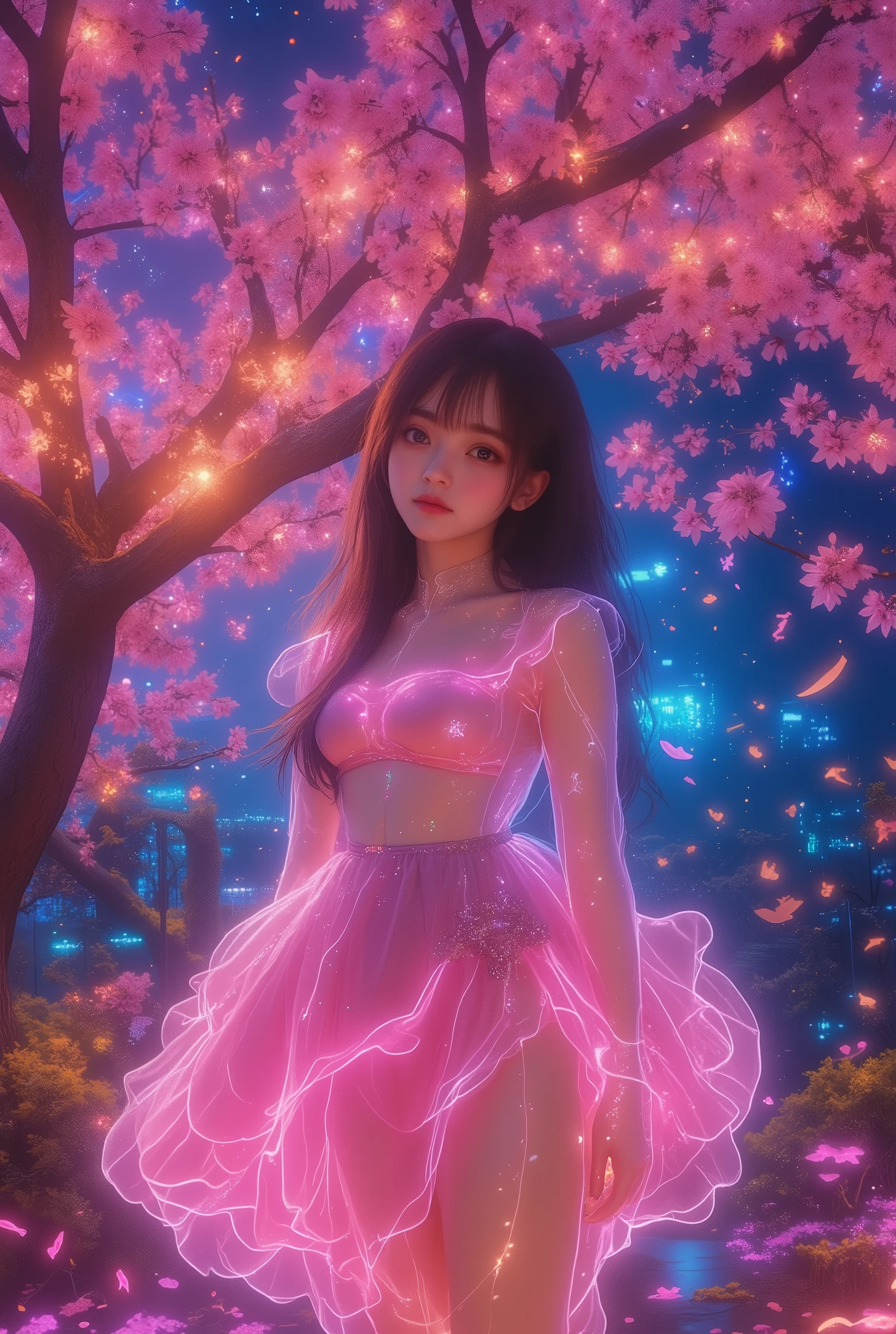 photorealistic, A stunning girl wearing a pink dress with neon glowing lines outlining its edges, dynamic pose,standing beneath burning cherry blossoms with fiery petals scattering into the air, the night sky glitching with pixelated stars and digital distortions, creating a surreal and mismatched atmosphere, vivid neon lights blending with fiery elements and digital effects, glowing aura surrounding the girl, a captivating and unique scene full of contrasts.
