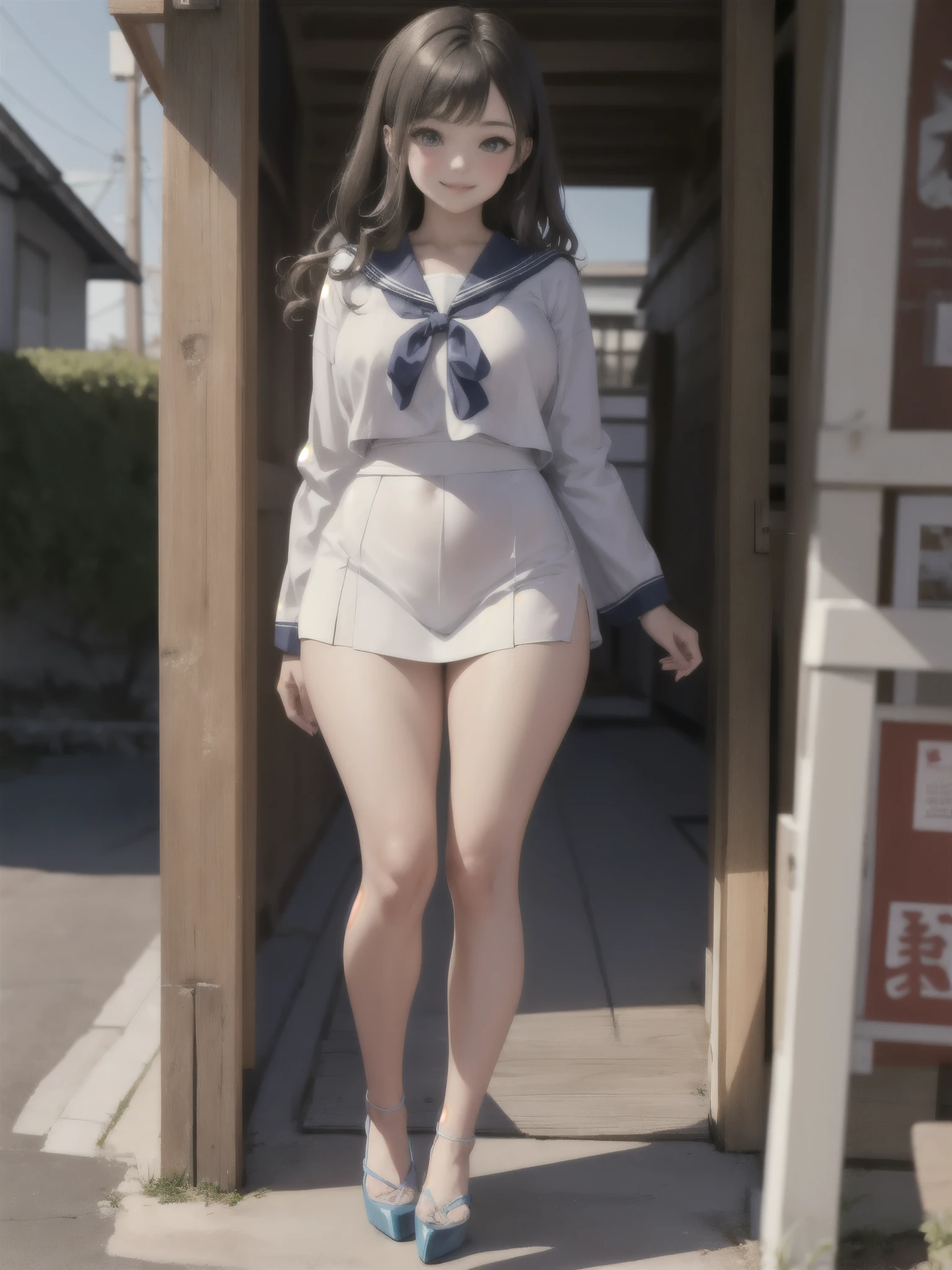 (1girl, sharp focus solo), (full body portrait image:1.4), (Masterpiece, Super photo realistic, Super details, Super Highest Quality, Super Highest photo realistic), super cute and beautiful girl, (erotic atmosphere:1.3), You are a professional photographer Photographing my girlfriend, Very Japanese gal, Wearing plaid pleat mini skirt, False eyelashes, Pearl pink glossy lips, Unbuttoned white shirt, (kawaii erotic girl:1.3), (yellow eyes:1.4), round chest, (Wider at the hem flabby large in size Super Loose Socks:1.4), (loafer), (An innocent 16-year-old cute Japanese girl:1.4), (skin fang:1.4), Very happy smile, Extremely Realistic, open mouth, half close eyes, slim waist, (tanned skins:1.4), slim beautiful legs), a girls incoming, black pupils, dark brown color hair style, high school gal, (torogao:1.4), dark brown hair color, two side up hair style, hair pin, (cute Asian gal:1.4), (wide stans legs standding:1.4), white bangs, shirt out over on skirt, super slim beautiful thigh legs, black long loose necktie,