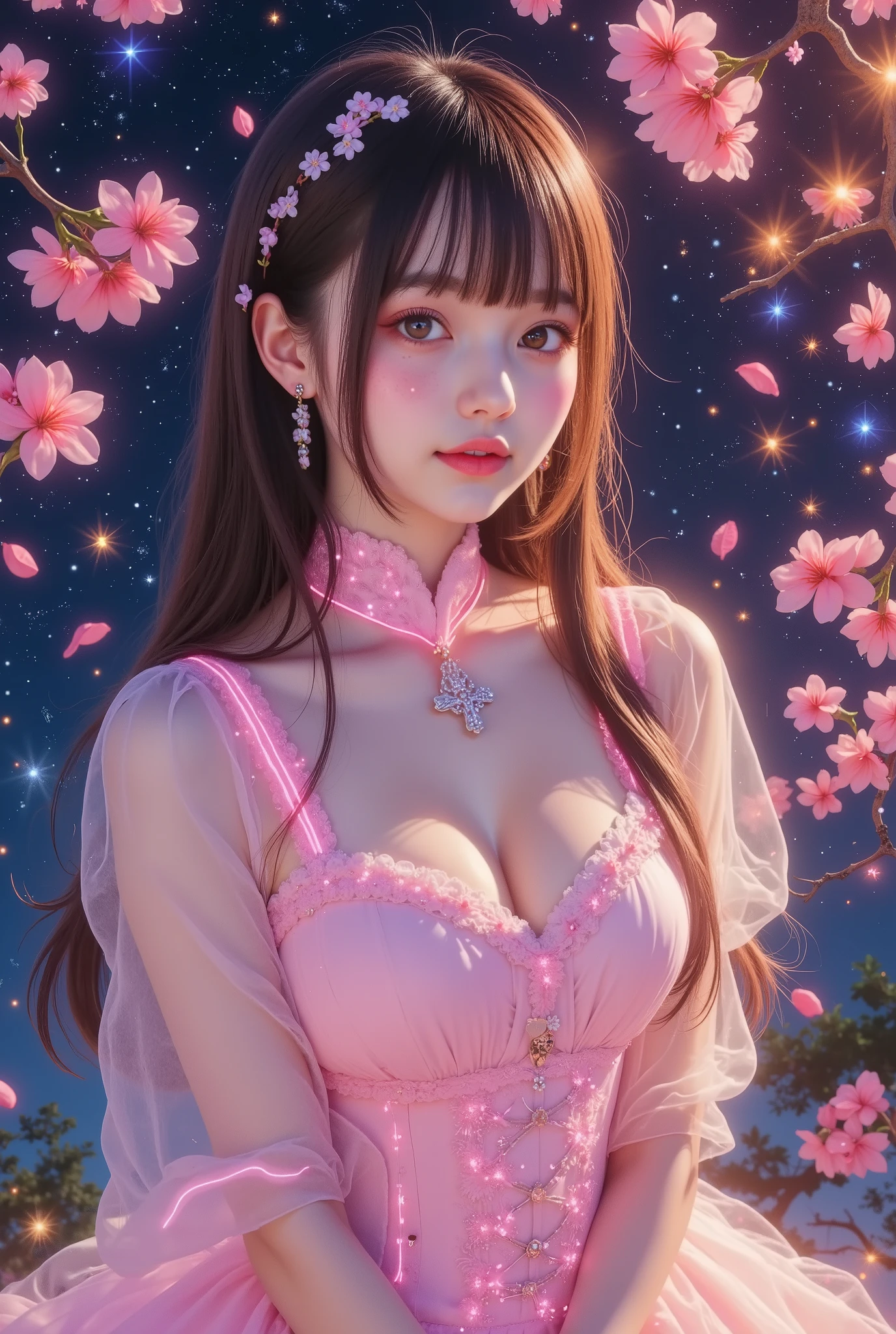 photorealistic, A stunning girl wearing a pink dress with neon glowing lines outlining its edges, dynamic pose,standing beneath burning cherry blossoms with fiery petals scattering into the air, the night sky glitching with pixelated stars and digital distortions, creating a surreal and mismatched atmosphere, vivid neon lights blending with fiery elements and digital effects, glowing aura surrounding the girl, a captivating and unique scene full of contrasts.