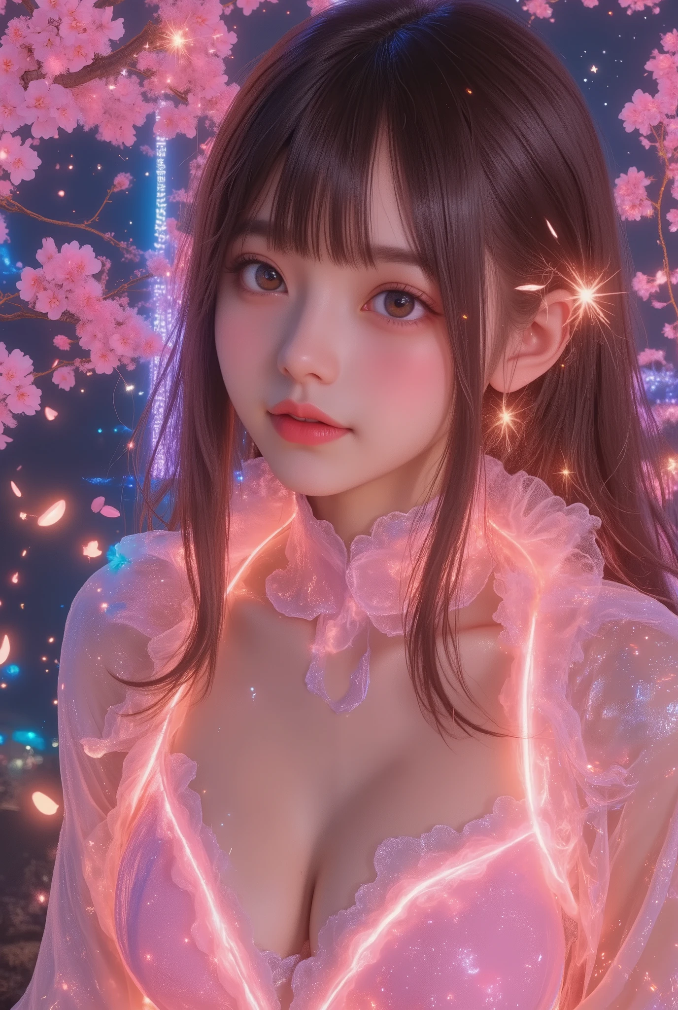 photorealistic, A stunning girl wearing a pink dress with neon glowing lines outlining its edges, dynamic pose,standing beneath burning cherry blossoms with fiery petals scattering into the air, the night sky glitching with pixelated stars and digital distortions, creating a surreal and mismatched atmosphere, vivid neon lights blending with fiery elements and digital effects, glowing aura surrounding the girl, a captivating and unique scene full of contrasts.