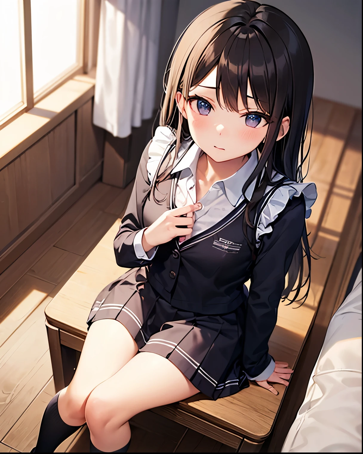 very cute and beautiful girl,(Very detailed美しい顔), (smile),blush,Black Hair,Seraphim,(White Shirt、Pleated navy blue pread your legs、Squat)、Sitting、(From below)、(Black tights、Lacy white panties), Country road, (Highest quality,masterpiece:1.0),Absurd,High resolution,Super detailed,Very detailed,32K,8k resolution, Intricate details,Movie Scenes,Detailed Background,alone,Dynamic Angle,
