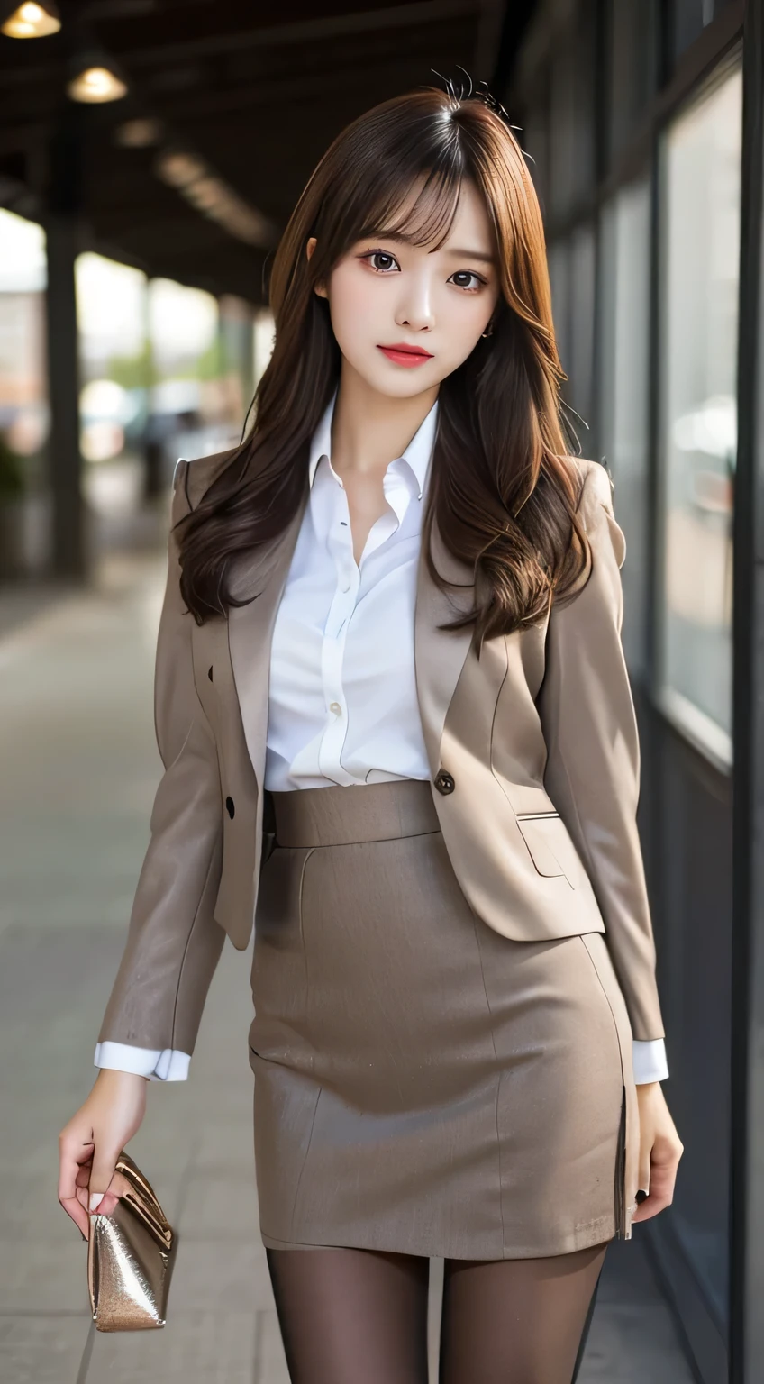 top quality, Masterpiece 、 actual photo 、The most beautiful girl in the world 、 Cute looks、slender 、 perfect beautiful face 、 perfect and beautiful eyes 、 perfect and beautiful double eyelids 、 fashion model 、 Cute looks、 light brown hair 、 Metallic Straight Hair、 ( business suits、 skirt 、 realistic pantyhose :1.2)