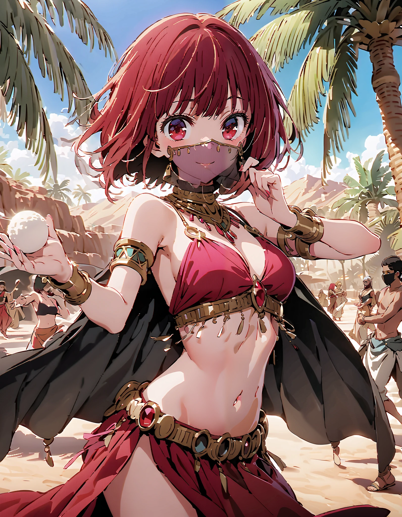 Canary, Arima etc.,  short hair, bangs,  red eyes, Red Hair,  bob cut, smile, blush, Arabian costume,  dancer, mouth Veil, belly Dancing, Veil,  armlet,  palm tree , Dancing,Bare legs, holding a triangular rice ball with both hands ,                                         break looking at viewer,
break outdoors,  desert,oasis, 
break (masterpiece:1.2),  best quality,  high resolution,  Unity 8K Wallpaper, (figure:0.8), ( precise and beautiful eyes:1.6),  very detailed face,  perfect lighting,  very precise CG, ( perfect hand,  perfect anatomy),