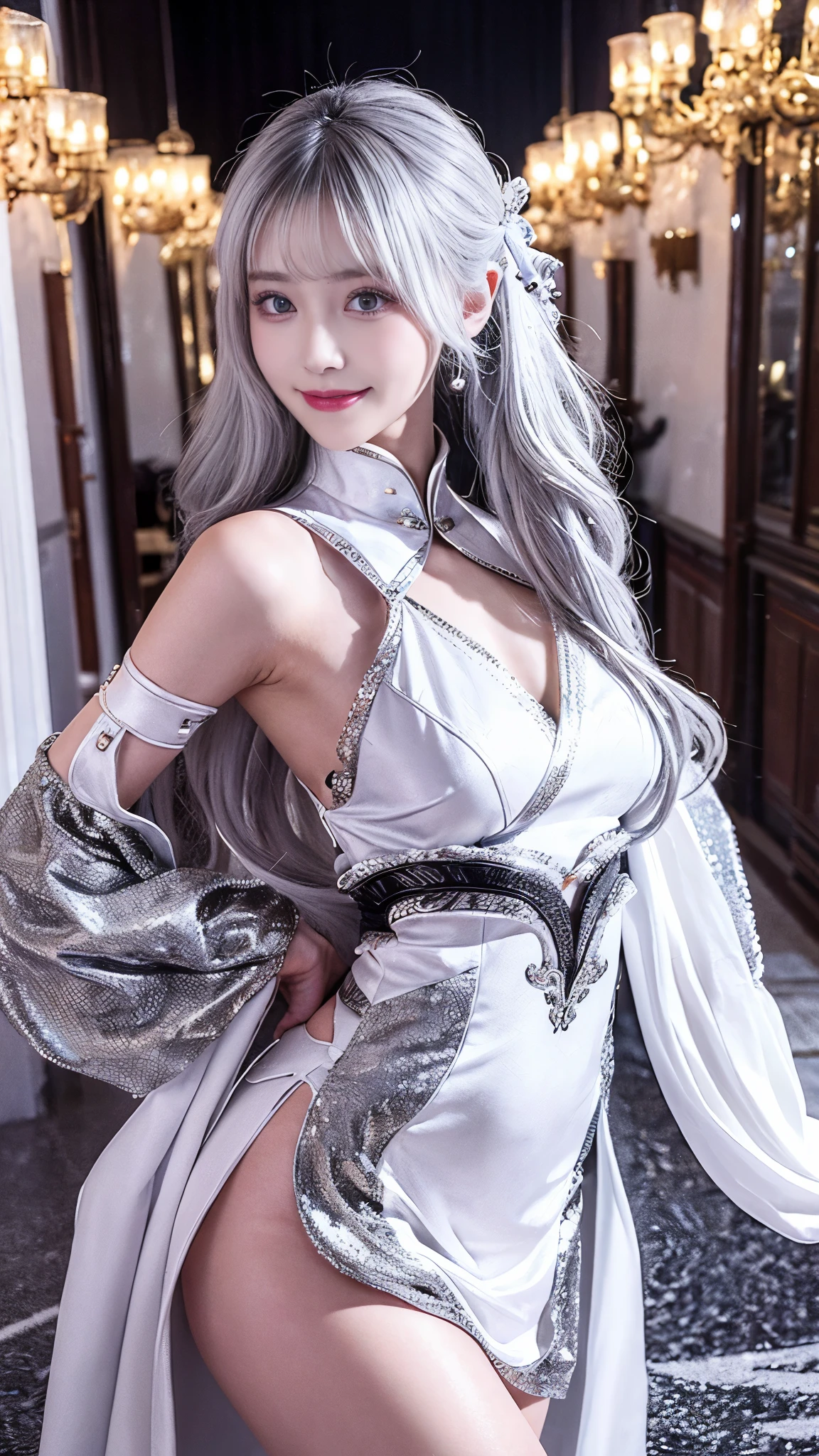 Reality, high resolution, Clear details,1 female, Solitary, Hips up, View Viewer, (Delicate face,Sexy lips), Smiling at the camera,Willow Waist, White hair, Long hair, Kung Fu Clothes, Exquisite fairy costume, Jewelry complex and emotional background,Background blur