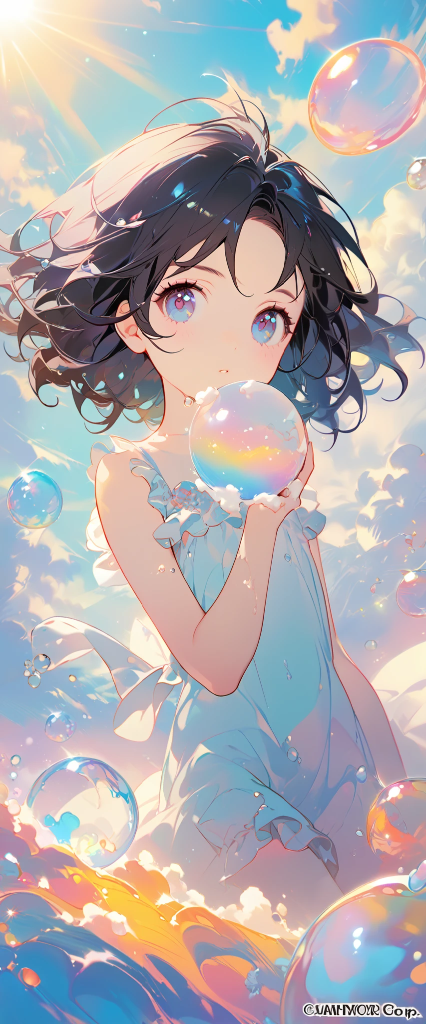 is the best quality, very good, 8K, absurd, Very detailed, 2.5D, beautiful goddess , Soap Bubbles, Soft color , sunshine, Pop Art, delicate and vibrant , Soft color 幻想 , Dark hair , Bob Kurt , Very young, small chest, official art