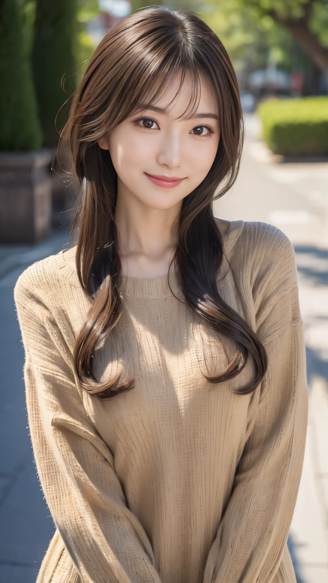 super high resolution, Premium Quality , top quality , very detailed , is present , 8k, RAW Photos, top quality , Masterpiece, adult female model, Japanese model, tea hair, beautiful face, random hairstyles , Sophisticated, That expression is a smile that looks like it has opened its mouth, knitted dress , portrait