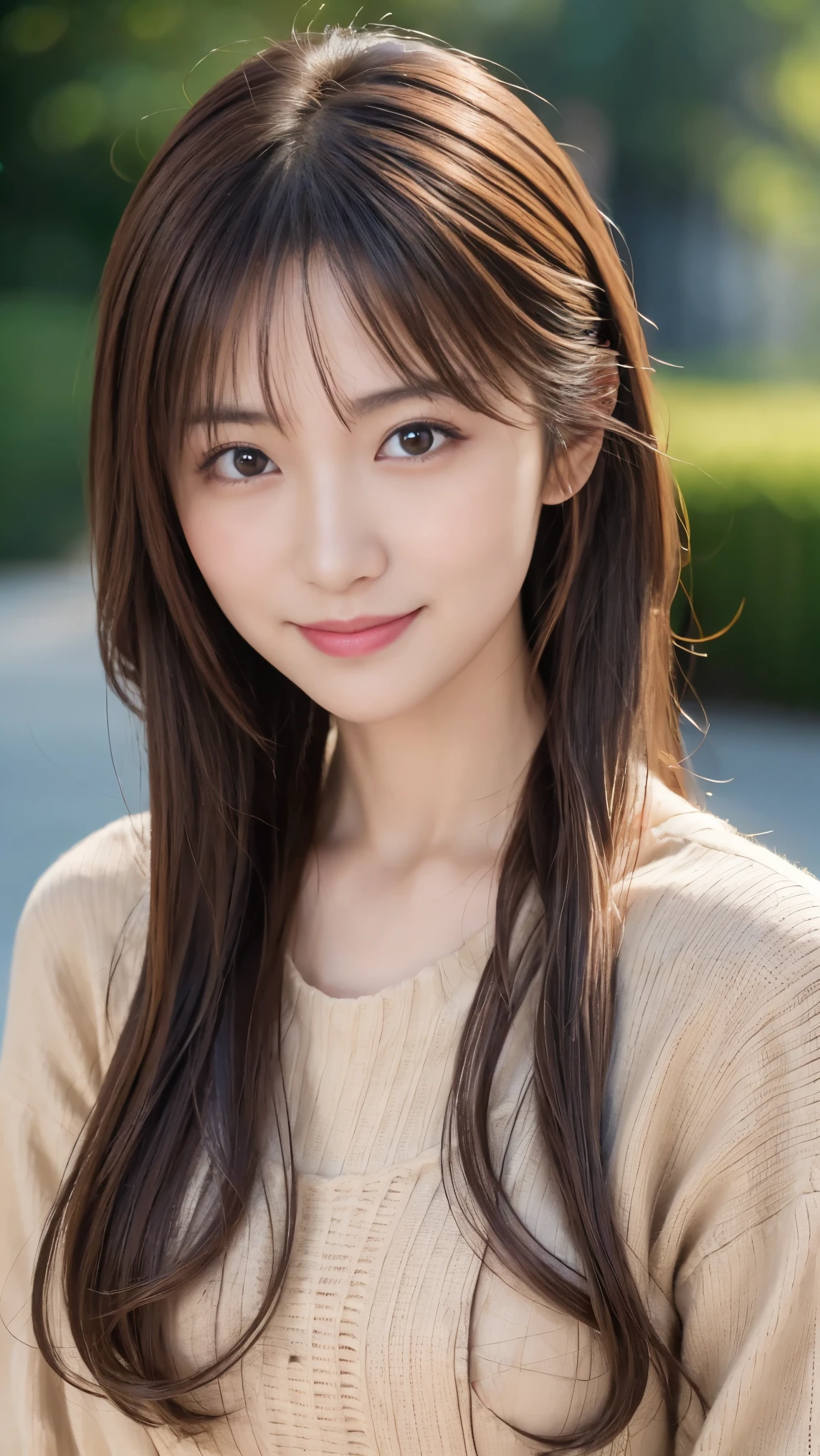   super high resolution,  Premium Quality  ,   top quality ,   very detailed ,   is present , 8k,   RAW Photos,   top quality , Masterpiece, adult female model,  Japanese model,  tea hair,   beautiful face,   random hairstyles , Sophisticated, That expression is a smile that looks like it has opened its mouth,  knitted dress ,  portrait