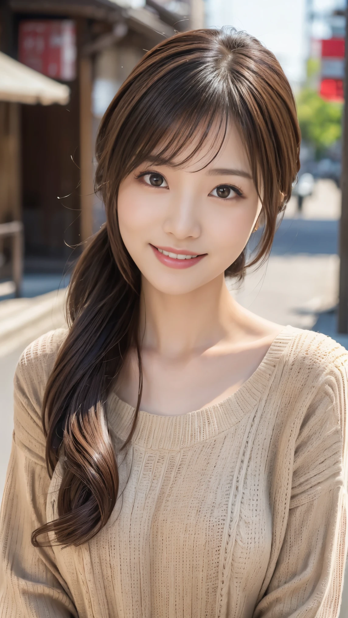 super high resolution, Premium Quality , top quality , very detailed , is present , 8k, RAW Photos, top quality , Masterpiece, adult female model, Japanese model, tea hair, beautiful face, random hairstyles , Sophisticated, That expression is a smile that looks like it has opened its mouth, knitted dress , portrait