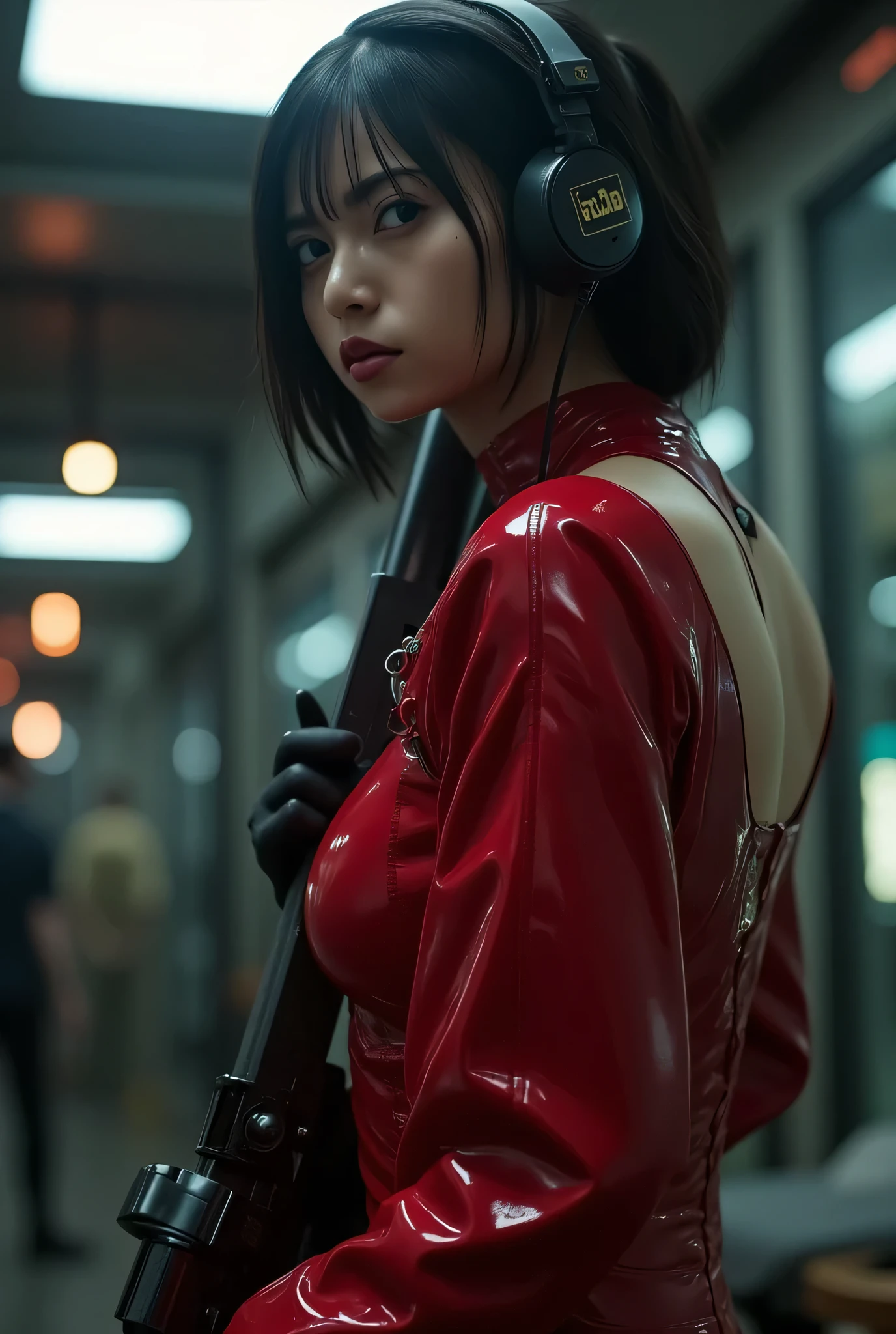 Side view from the back ,Side pose,(( Look Back and Look at the Camera:2.0)),(( Looking Over My Shoulder :2.0)),Rear View,(((The dark interior of the Nostromo ship :2.0))),((( HR Giger style cyberpunk atmosphere:2.0))),(((Hold a cyberpunk-style matchlock:2.0))),((whole body:2.0)), one woman,( cute face),(Beautiful well-balanced face ),( natural big breasted :1.5),( black hair:1.5),( beautiful eyes:1.3), glamorous shot of a 20-year-old Japanese woman , Slender Beautiful Body ,( model body type:1.3),(Slim body:1.3), perfect body line, Ideal Proportions ,( big breasts:2.0),Bare thighs, sensual thighs, delicate body,( Shrimp:1.5),A harmonious posture,((Beautiful ass:2.0)),((cute ass:2.0)), ((((Bare ass :2.0)))),((( T-back :2.0))),(Realistic breast depiction :1.5), carefully depict limbs based on perfect anatomy with deep depth of field,((Futuristic Samurai Style Red Super High Leg Leotard :2.0)),(( Fitted Camy-Style Latex Super Hi-leg Leotard:1.5)),((A red military jacket in the style of samurai armor with an open front over a leotard:1.5)),(ear monitor:1.5),((Tactical Holster:1.5)),( gloves:1.3), concept art ,( best quality:1.5),(masterpiece:1.5),(Super high resolution),resolution,UHD,( delicate depiction), carefully drawn with butterfly wings ,32K,(( realistic skin texture:1.5)),((( Ultra-realistic :1.5))),Draw eyelashes carefully, very detailed face,Highly detailed female hand,Sexy appearance,Very sensual,(Blurry Dim Backgrounds :1.5), Professional Photoshoot,( Movie Lighting:2.0),(( Blade Runner Style Lights :2.0))