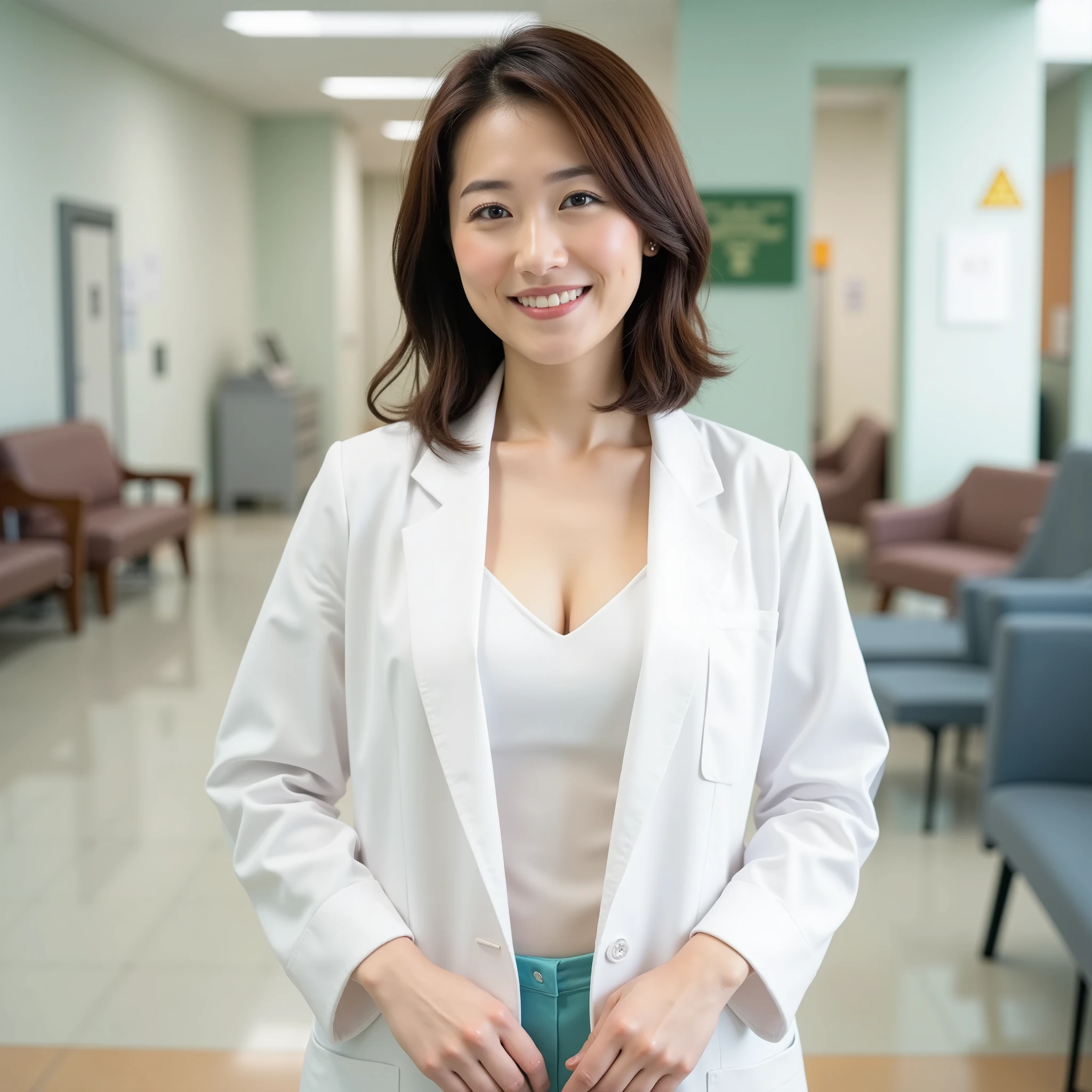 『 a Japanese girl :1.3』『 real photo :1.3』 best quality:1.2、(( big breasts))、 with a slight cleavage 、(( young woman))、(( have red cheeks ))『smiling with teeth:1.9』、((( anatomically correct、 perfect anatomy、 anatomically correct指)))、 is present, best quality, super high resolution, RAW Photos, (Curvy body)、 best quality、 illustration of a train、 more details、 high resolution with attention to detail、8K wallpaper、 perfect dynamic configuration、 beautiful detailed eyes、 White Nurse Jacket 、 bob hair、 middle of chest、 natural colored lips 、 Random Sexy Poses、smile、4 0 old girl、hospital、 white nurse cap 、hospitalの受付で立っている((( full body shot ))),Waiting room chairs and entrance are visible in the back