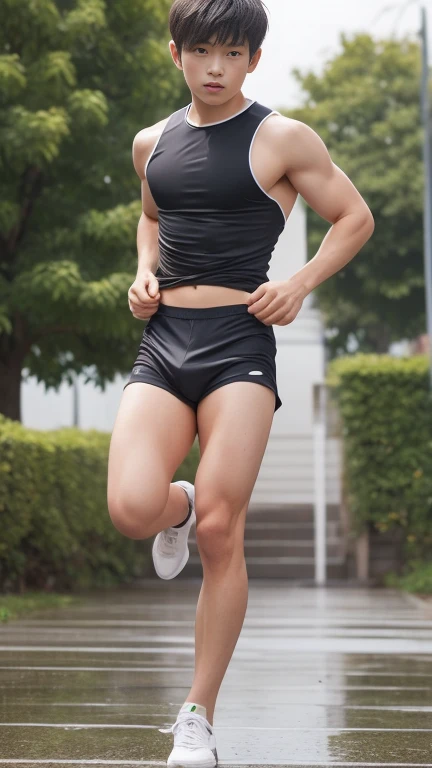 (Masterpiece,best quality:1.2),model, alone, 1 person,20 year old male,young people,handsome,Asian Models,black hair,short hair,smile,Sexy breasts,6 pack abs,sexy figure,Early morning,A boy is running on the stadium tracks.,The wind is blowing,autumn leaves,whole body view,