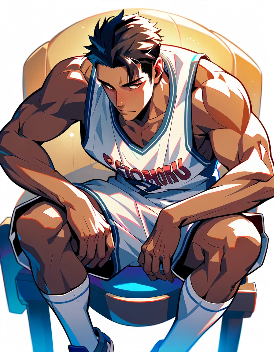 Libido boy，Tong，large pecs，Big bag，Half recumbent，CG sense，POV perspective，spread their legs，Dark atmosphere，8K,Cinematic lighting effects，Textured skin，best qualtiy，Storytelling images，Storytelling images，dynamic blur，actionpose，Elevation viewing angle,Physical Education Student，basketball suit，vests，‎Classroom，with brown skin，Serious expressions，Hot gas，Keep one's mouth shut，Abs，full bodyesbian，solo person，Bare legged，Foot odor，dermatophytosis，white short socks，Sitting down，Undress，Take off your pants，musculous