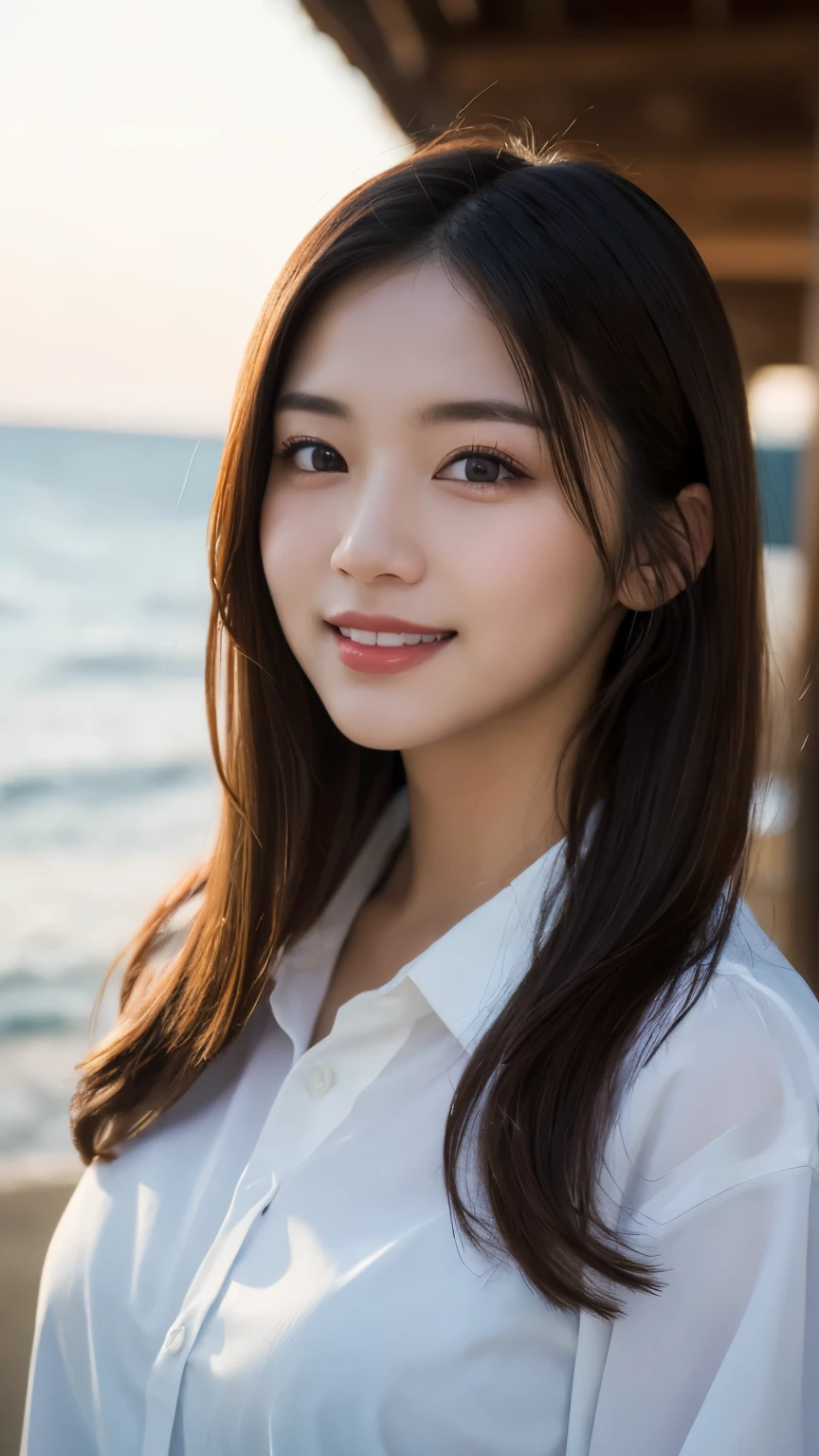 Oversized white collared shirt、Naked except for a shirt、full body shot、Complex and beautiful eyes、woman、 woman's hairstyle、Natural Color Lip、Big Breasts、valley、bold and sexy pose、smile、Ocean、((18歳woman:1.ung adorable Japanese face, Official Art，Highly detailed CG Unity 8k wallpaper, (masterpiece:1.0),(highest quality:1.0), photo shoot, 8k, nsfw, High resolution, Kodak Portrait 400, Film Grain, Lens Flare Glow,View Viewer