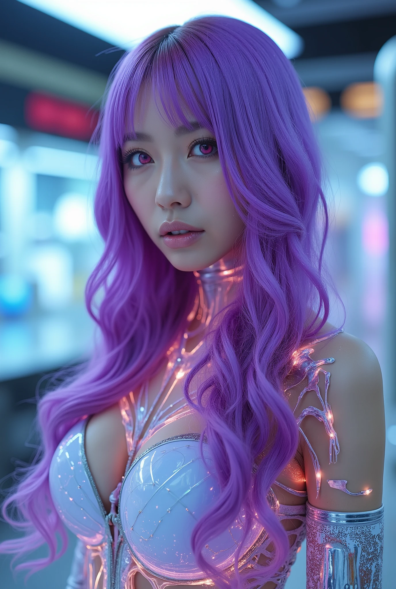 A hyper-realistic portrait of a stunning android woman with transparent skin that reveals intricately detailed titanium bones beneath. Her features are an epitome of Caucasian perfection, with soft, flawless contours. Her radiant pink eyes emit a gentle glow, harmonizing with her long, flowing purple hair that seems to shimmer with a metallic hue. She stands in a futuristic, high-tech laboratory with glowing holographic interfaces and sleek, chrome-like surfaces. The atmosphere is vibrant with soft neon reflections. Meta-human beauty meets advanced technology, inspired by the styles of Alena Aenami and Greg Rutkowski.