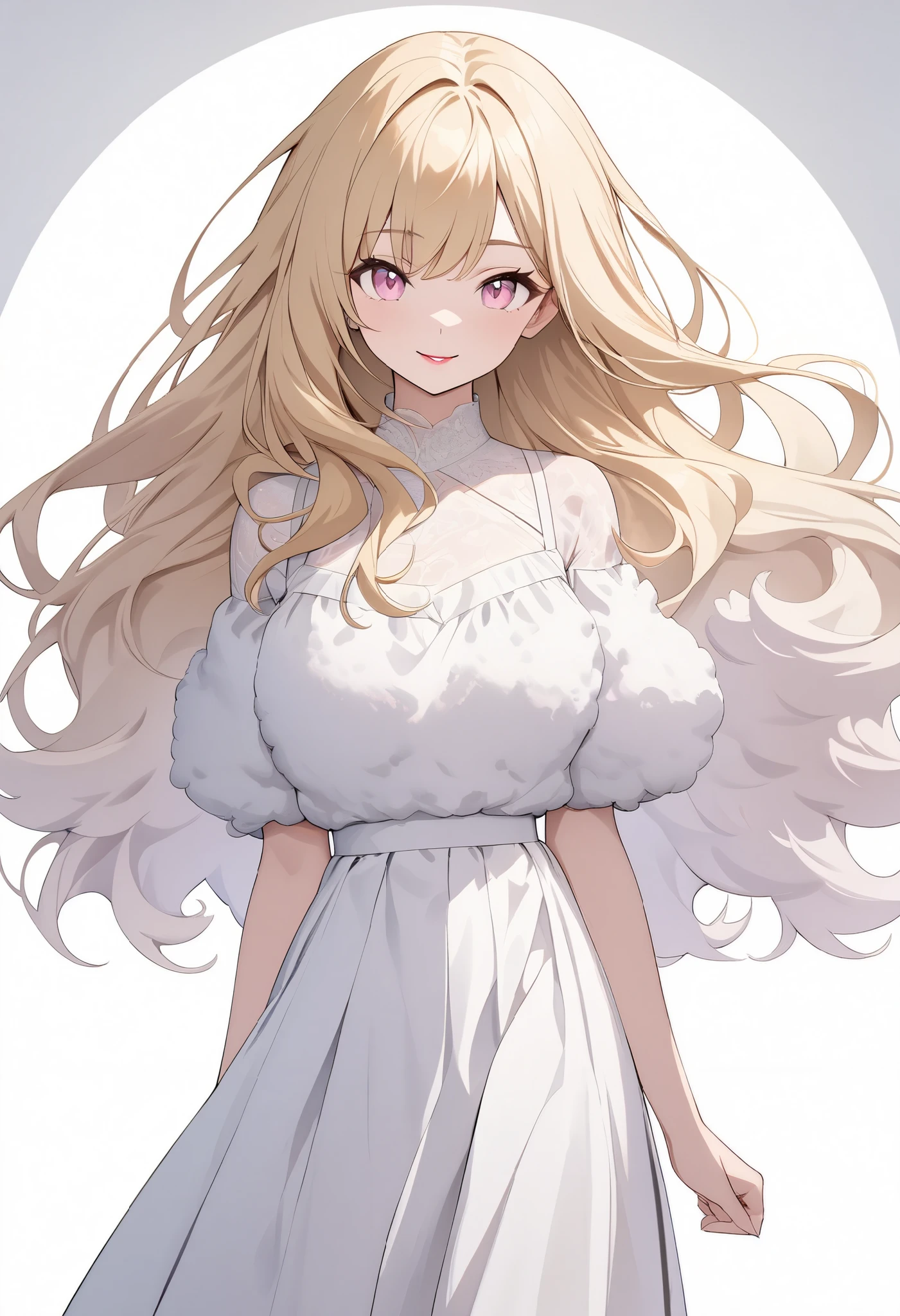 {{masterpiece、 attention to detail, perfect eyes}}、(( white background、from front, medium shot、 cowboy shot、 eye level shot 、Solo Shot)) 1 woman、(Blonde、 long hair 、 fluffy hair )、Pink eyes、lipstick、Standing、 white blouse、 long skirt、smile