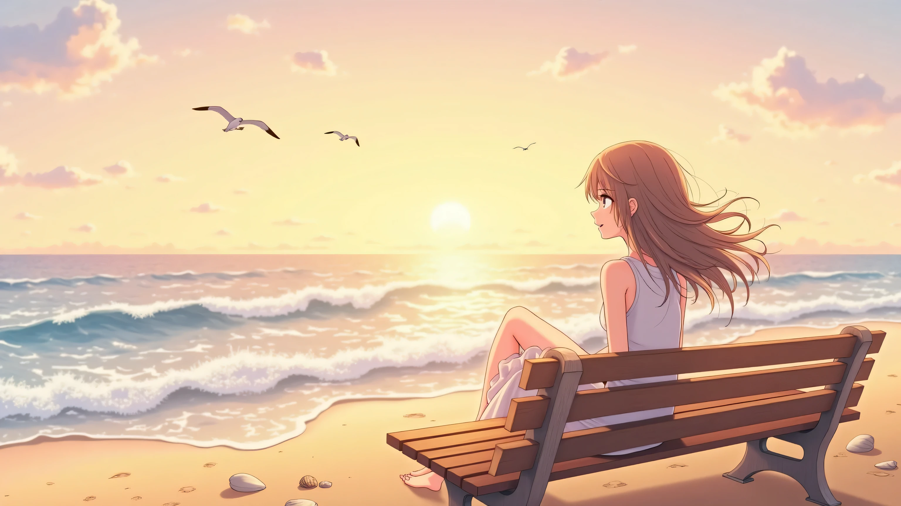 Anime girl sitting on a bench on the beach watching the sun set - SeaArt AI