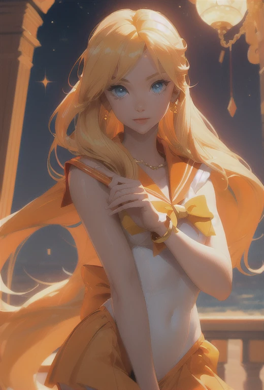 （tmasterpiece，best qualtiy;1.3），extremaly detailed cg，ultra - detailed，1girll，独奏，ssmile，looking at viewert，full bodyesbian，Stylish Ungle，Long blonde hair，Good looking eyes
SV1，Sailor Senshi Uniform，orangeskirt，Orange high heels，gloves on the elbow，head gear，Orange sailor collar，red bow，Orange necklace，whitegloves，jewely，
Many hearts， sface focus， venus， tornado， abstract backgrounds， Heartstorm， Hart beam， Heart bubbles， Heart bath， Halt Star， Heart flower， Heart lamp， The world of the heart， heartbackground， galaxy background， Heart weapons， Heart aura，