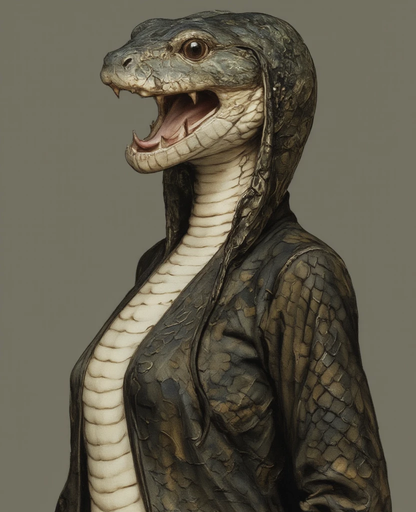 1girl, Medusa, holding sword,(anthropomorphic snake:1.8), dramatic lighting, looking at viewer, grey skin, (snake hair), showing fangs, abandoned cave, particles, ragged clothes, score_9, score_8_up, score_7_up, score_6_up