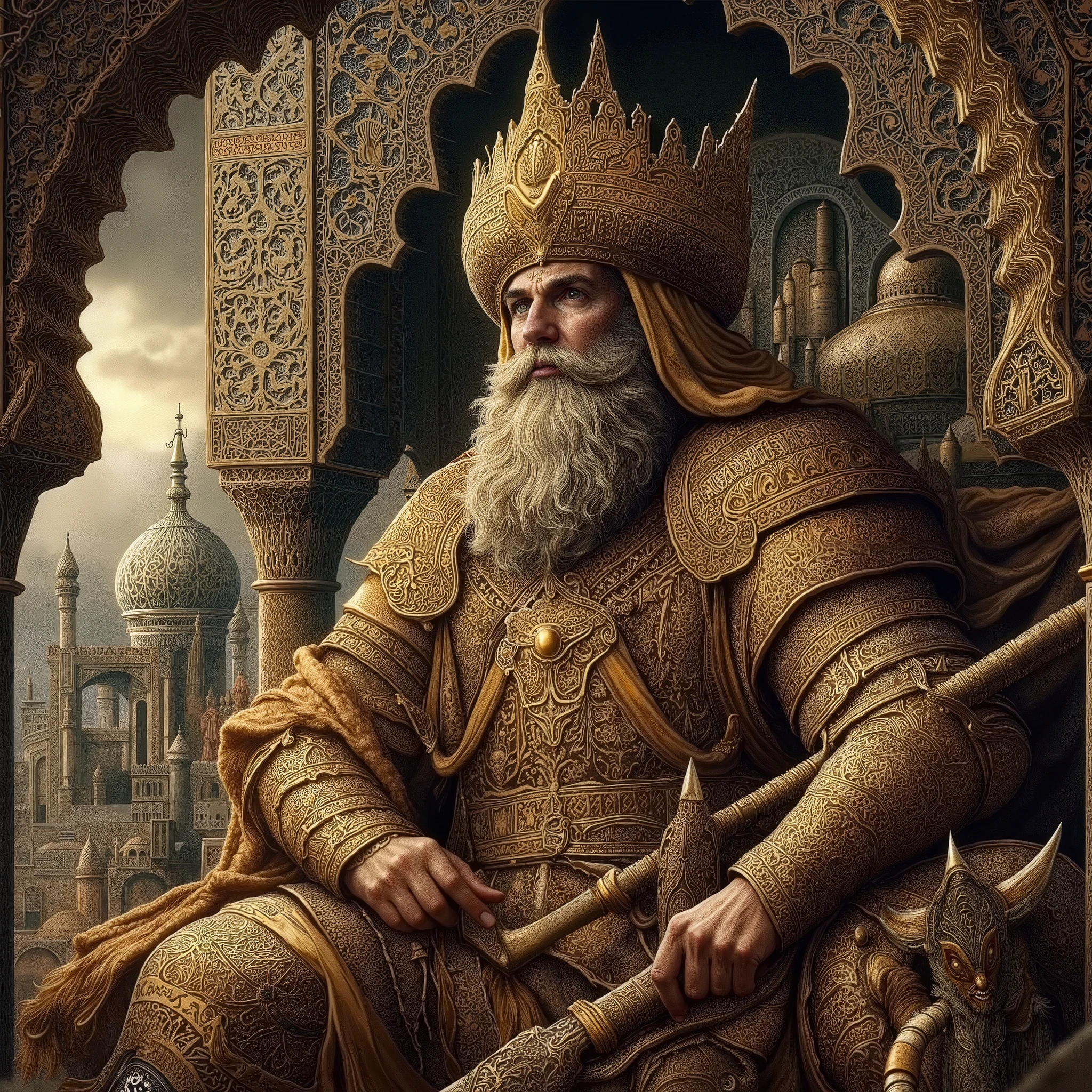 The Magnificent Ancient Rashidun Caliphate Warrior Portrait, insanely detailed and intricate scene details and other objects, award winning masterpiece hyper realistic oil inncanvas hyper realistic painting, Don Lawrence style, trending on artstation