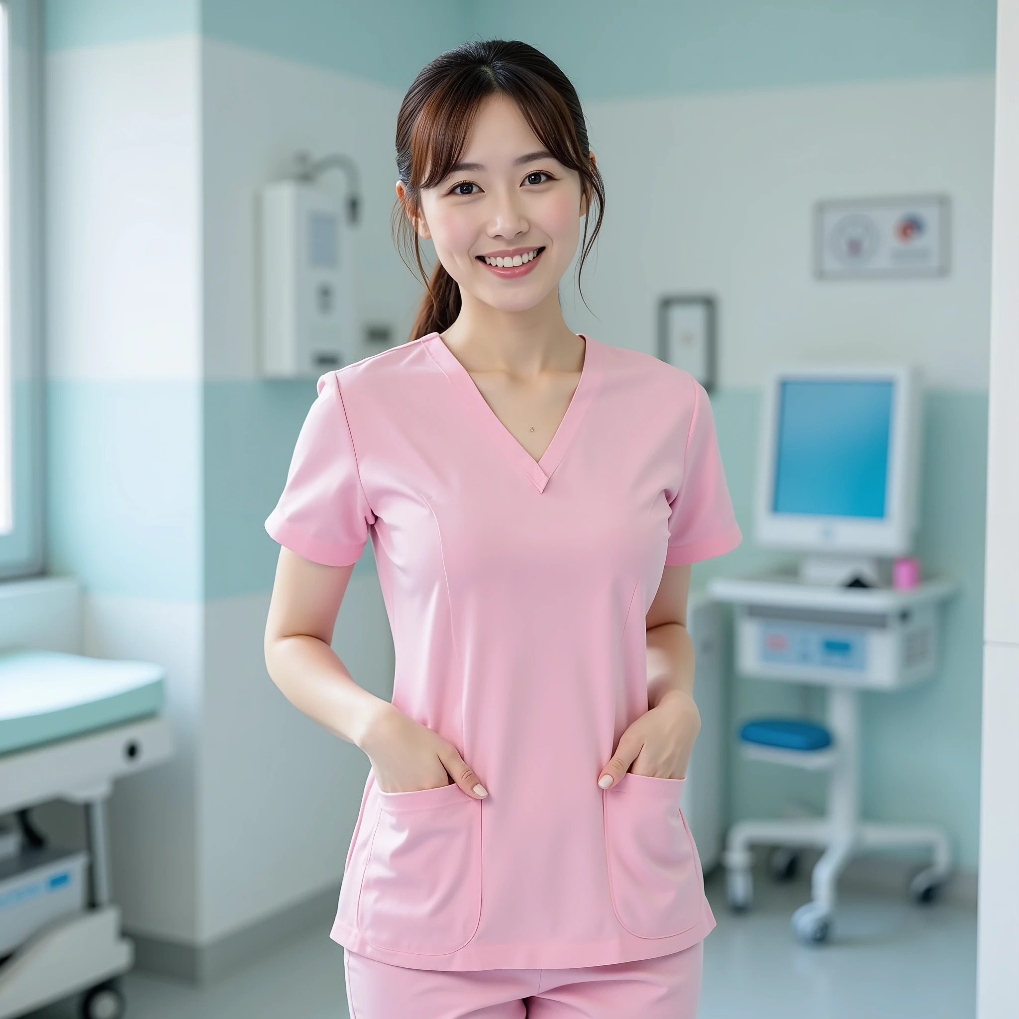 『 a Japanese girl :1.3』『 real フォト:1.3』 best quality:1.2、(( big breasts))、 I'm showing my teeth 、(( young woman))、(( have red cheeks ))『 I'm smiling :1.9』、((( anatomically correct、 perfect anatomy、 anatomically correct指)))、 is present,  best quality, 超 high resolution,  RAW Photos, (Curvy body)、hospital、 Nurse、hospitalの処置室、 blur background、smile、、 best quality、8k、 high resolution、masterpiece：1.2、 very detailed、 real ：1.37、 high resolution、超 high resolution、 Pink Nurse Clothes 、、 very detailed、 Professional、 vibrant colors