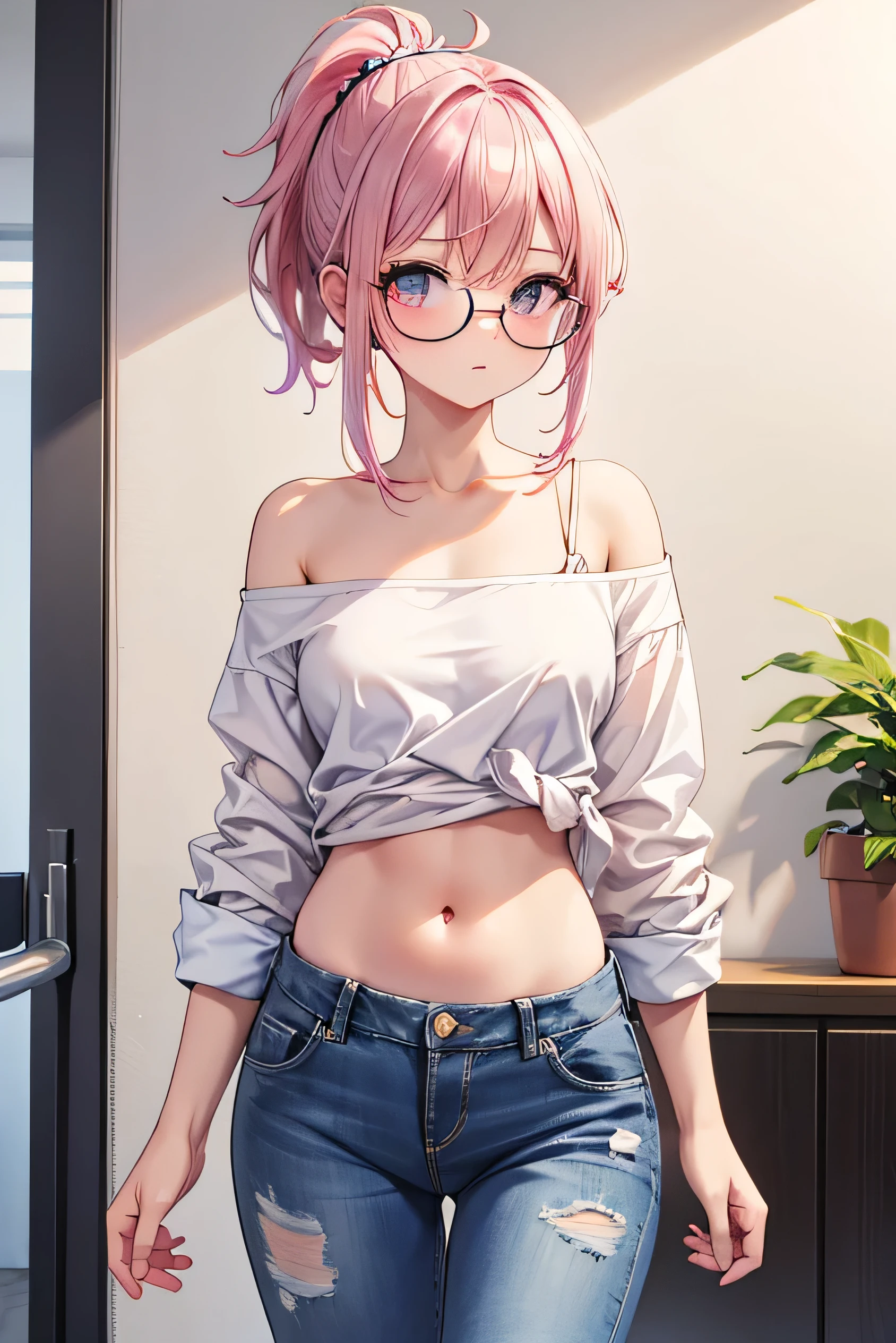 (masterpiece, best quality), 1girl, small breasts, small hips, green eyes, pink hair, crop top, denim shorts, bedroom, striped thighhighs, pervert, petite, glasses, <lora:add_detail:1>,
