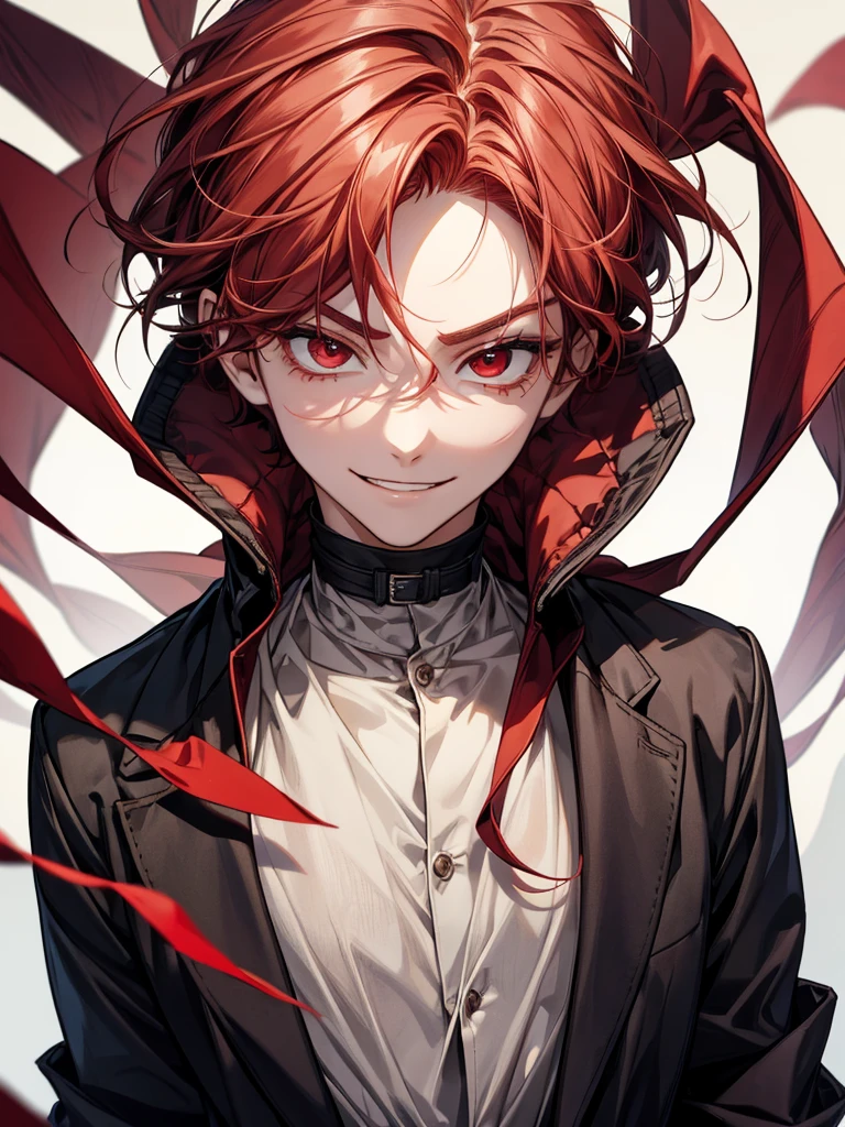 (award winning, 8k, super detailed, high resolution, best quality), (a young man with red hair and black jacket, smirk face and shadow of a werewolf with red velvet fur behind him), detailed red eyes, extremely detailed face and features, detailed fangs, in a dark mysterious forest at night, moonlight shining, mist, old trees, moonlit forest, moody lighting, atmospheric