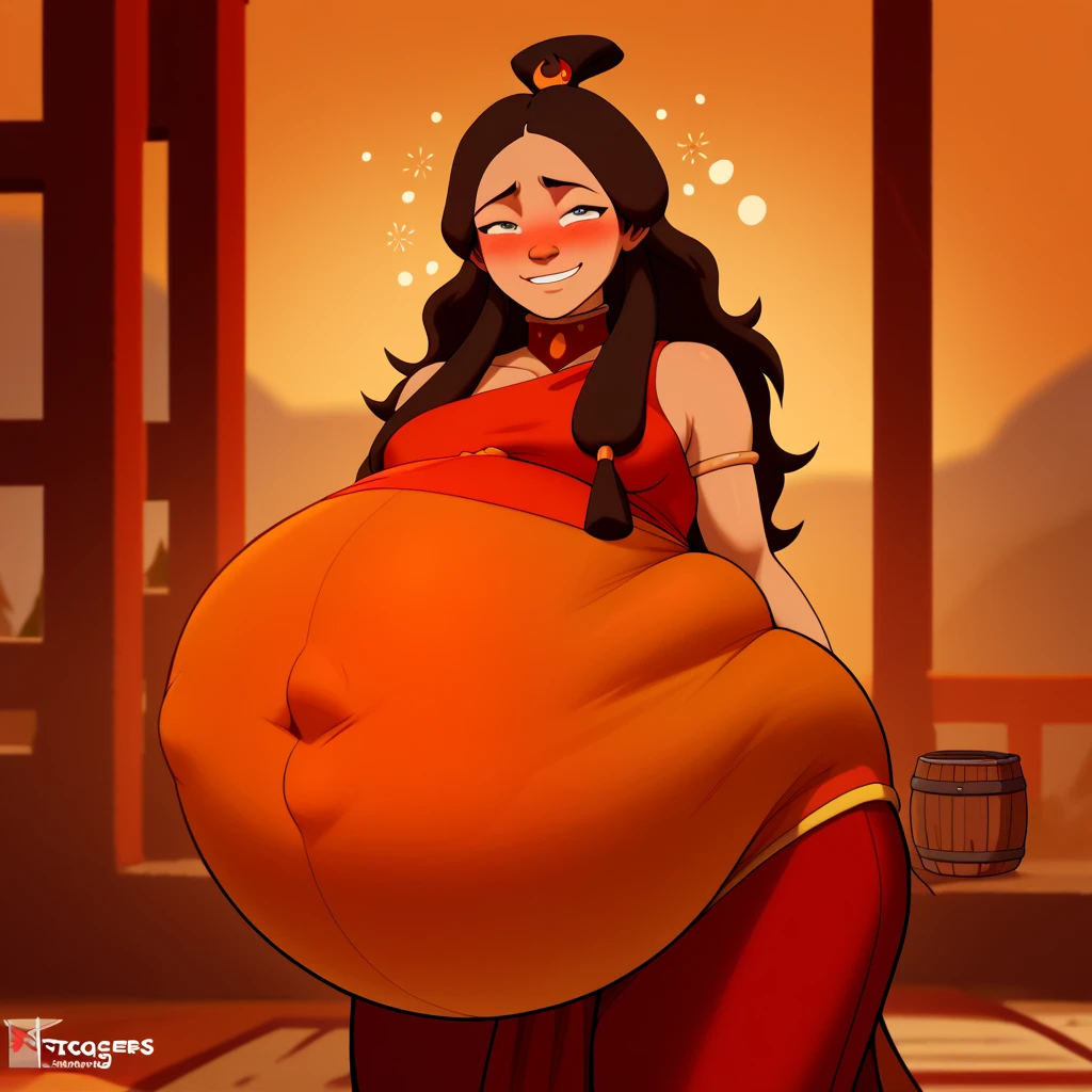 score_9, score_8_up, score_7_up, score_6_up, score_5_up, score_4_up, rating_questionable, KataraFire, sexy pose, ((belly stuffed)), ((huge belly)), ((Very drunk)), ((staggers)), (tight red clothes) ,dark skin, shy smile
