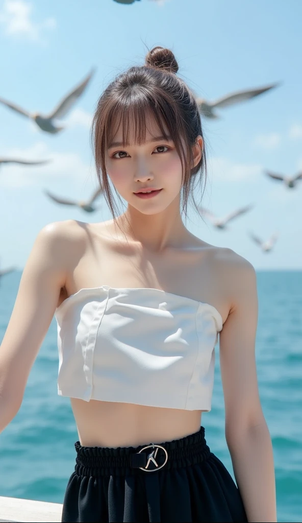 bird틴 롱 드레스,, (masterpiece, best quality:1.2), 1 woman, alone, ((bare shoulders)), (In fact:1.37), ((lie on the beach)), ((bird&#39;eye view shot)), sweet virgin, beautiful妆容, exquisite makeup, Extremely beautiful eyes, long hair, Perm, slim body, ((big bust, big bust, split)), sexy slim legs, the skirt is short, 섹시한 다리가 bird어나온다, Graceful posture, dynamic pose, best quality, correct, correct的手, correct的腿, 解剖学correct, official art, complicated, Detail的脸, Detail, lifelike, Very Detailed, amazing, beautiful, young and energetic, Attractive models, Meticulous CG uniform 8k wallpaper