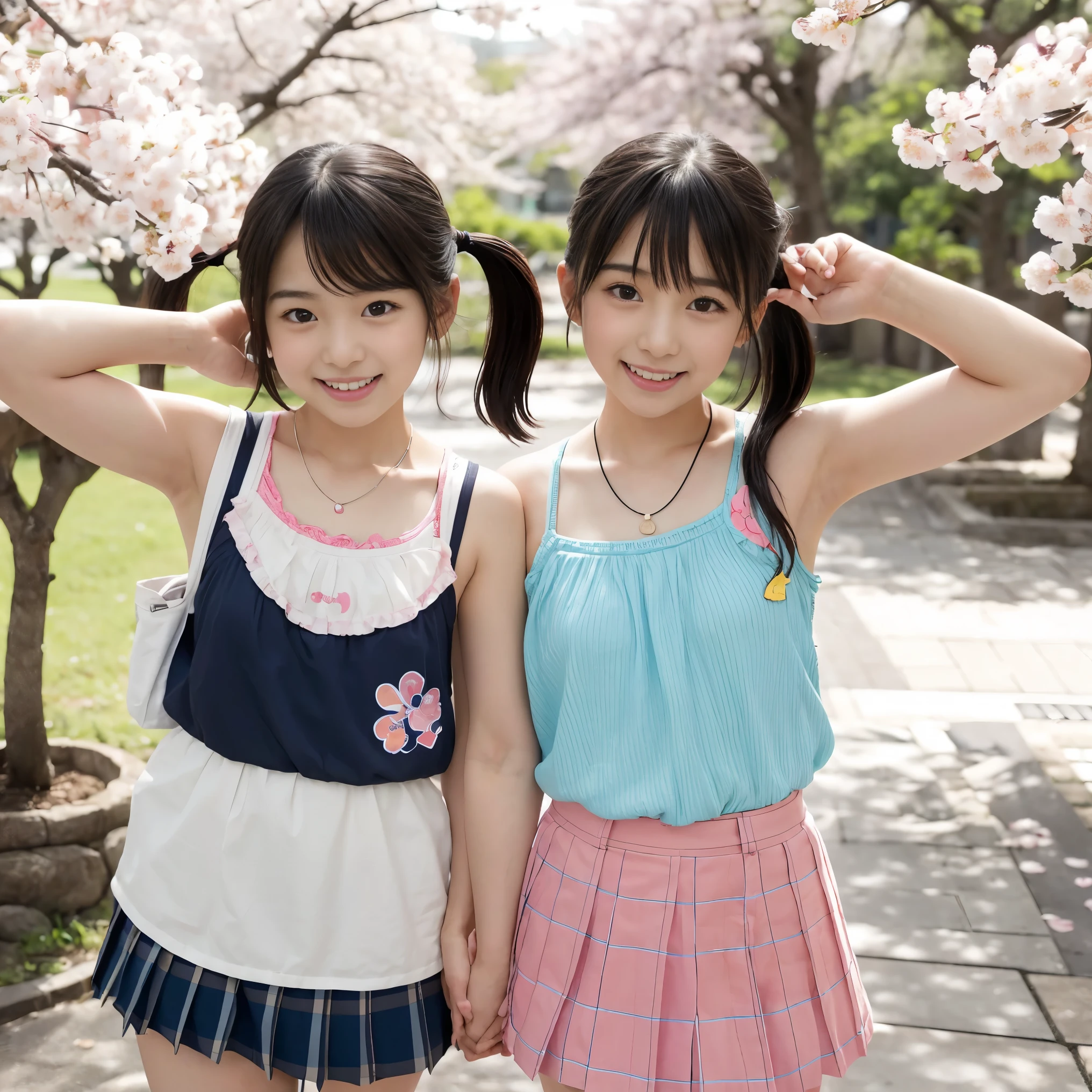 Japanese female, (underweight), (flat chest best quality:1.5), 30-year-old, (cheerful grin:1.5),
flower garden, ((2 girls,twins:1.3)), cheerful, standing, flipped hair, (cold-shoulder sleeves,shirts,white mini skirt,thighs), Japanese idol, in the flower garden, blue sky and shining lights, calm atmosphere, cowboy shot, low angle shot
