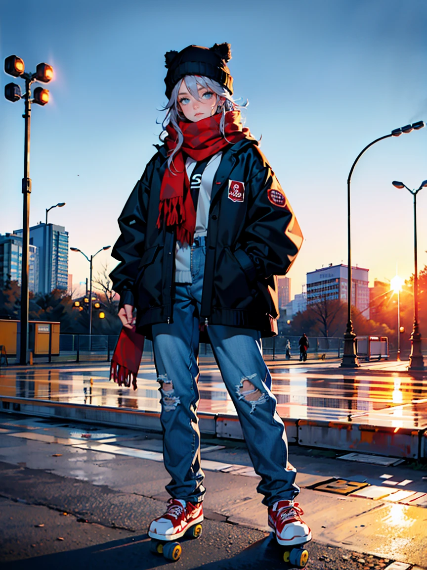 black cap with the 、 with the end of the scarf bumpy {x} oversized hooded red stadium jacket、 logo 、 scarf wrapped around her neck 、 put on a one-legged skateboard 、A single girl 、 in blue baggy denim 、 standing in the sunset 、merry-go-round in the background