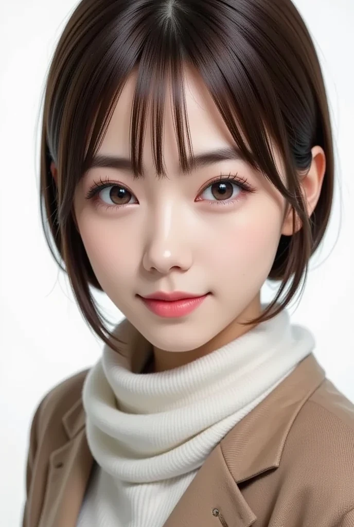 (masterpiece, best quality),1 girl, solo, black hair, scarf, hat, real, real, look at viewer, light colored black eyes, short hair, brown coat, winter clothes, white scarf, lips, bangs, outdoors, closed mouth, upper body, big eyes, eyelashes, (((really nothing background, really pure white background)), (short hair with bangs, big eyes, big breasts, staring at the viewer, beautiful beauty, Ears out, long neck, smile a little, close your mouth and smile))),