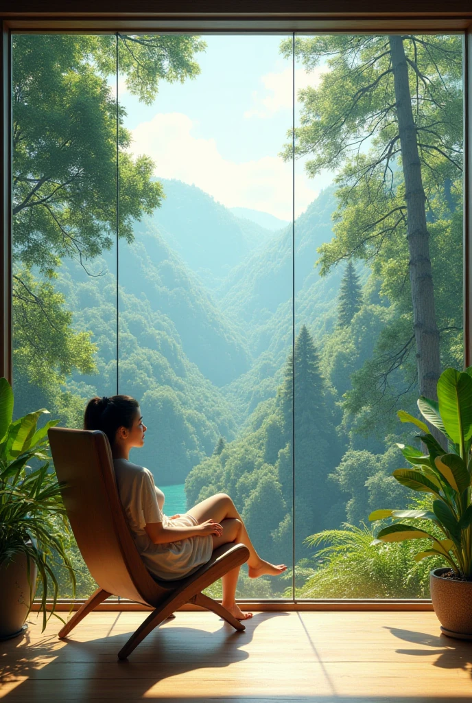 A person sitting comfortably in the warm and peaceful surroundings of their own home, With their laptops open in front of them. On the laptop screen、Displays serene and inspiring nature scenes, Symbolizes the inner journey and connection with nature