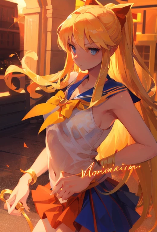 masterpiece, best quality, highres, sv1, sailor senshi uniform, medium breast, orange skirt, elbow gloves, tiara, orange sailor collar, red bow, orange choker, white gloves, jewelry,smile, brush, from below, skirt lift, standing, looking back, white leotard, milf, ornate fabric, leather texture, dramatic lighting, cinematic shot, atmospheric, depth of field, comic style, watercolor style, floating hair, wind, wind lift, shiny hair, bedroom