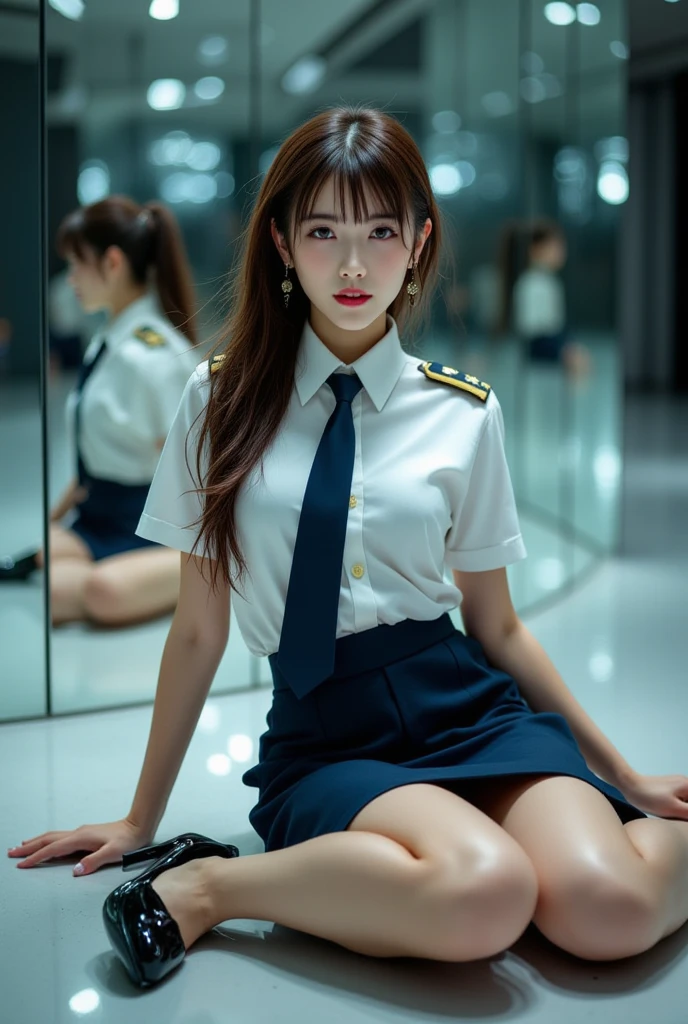 top-quality,ultra-detailliert,​masterpiece,realisitic,Photo Real,Bright lighting,1 girl in, Very beautiful 15 year old girl, (kawaii:1.2),Thin smile, (Brown eyes),(brown haired),(bangss),short-cut、perfect glossy skin,flawless skin,((erotick,Sexy and sexually explicit)),((accurate hands without incongruity)), large full breasts,big breasts thin waist, Look at viewers,((Blazer Uniform)),((Short sleeve uniform white shirt)),(red necktie),(Blue Mini Pleated Skirt),(((skirt lift by yourself))),(lifted by self),(Showing panties),panties on,panties focus,((Sit up,spread legswide)), sockes, (Black knee socks),(Loafer shoes), during daytime,On the train,Horizontal long seat with your back to the window,barechested