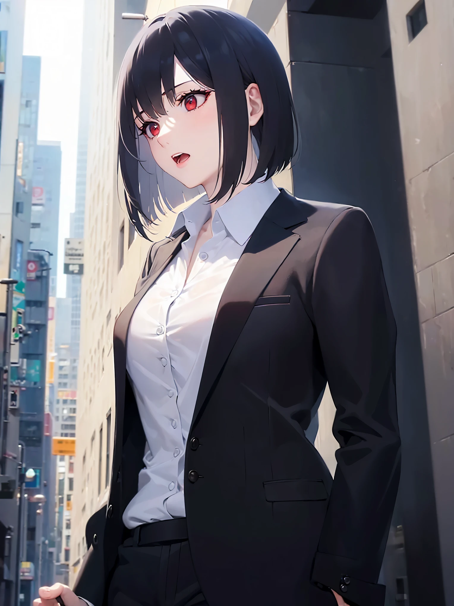 Realistic, real person, (pale skin: 1.2), RAW photo, photorealistic, shiny skin, shiny hair, (33-year-old woman) and (bob cut) and (hair between eyes) and (black hair) and (red eyes), BREAK(Business suit:1.5) and (white collared shirt)BREAK, (surprised:1.2),(open mouth),The background is a building street, (alone:1.5)