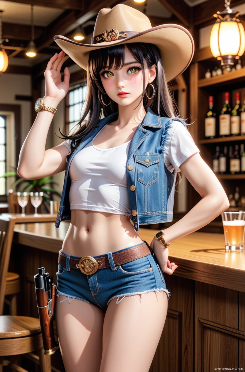 (((1 person:2.0))),(((Cowgirl Costume))),(((Slim Body 1.5))),(((Small Ass))),(((Denim mini skirt))),(((Wear a belt))),(((He is wearing a sleeveless collared shirt, Plaid, Front tie shirt.))),(((Wear a watch))),(((Sandals))),(((Showing cleavage))),(((Showing your belly button))),(((Exposing thighs))),(((Small breasts:1.5))),(((Bare arms))),(((Her hair is black:1.5))),Beautiful detailed girl, Very detailed目と顔, 緻密でBeautiful Eyes, Very detailed, High resolution, Highest quality, masterpiece, Very detailed, 8k wallpaper, wonderful, finely, Highest quality,(((Night Sake Brewery:1.5))),((In front of a wooden wall:1.5)),Beautiful Eyes,(((Blushed:1.2))),(((Cowboy Shot:1.5))),(((Open your mouth:0.9))
