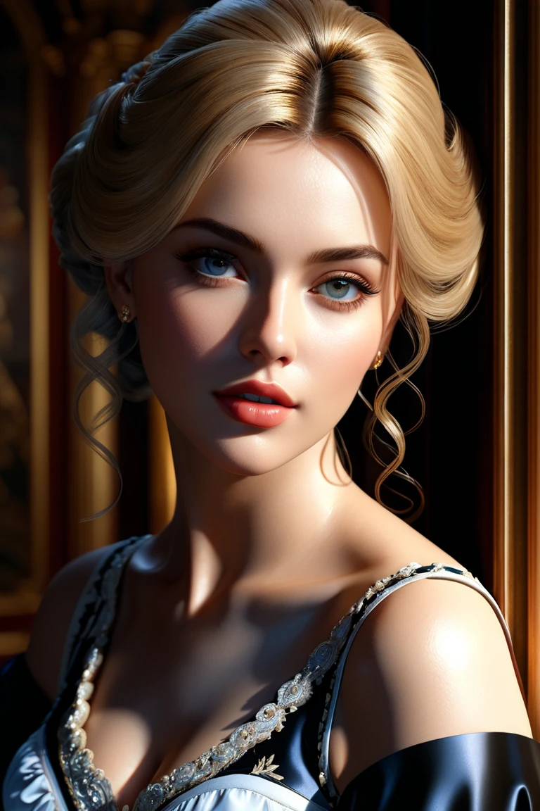 portrait photography, Beautiful young woman in sheer western dress, pearls, Expensive gold jewelry, blue eyes, Smiling, Benevolent face, Benevolent posture, visible through the hair, proper eye position, natural skin, back light, cinematiclight, bezel light, soft light, thights, at nighttime, city backdrop, Detailed colored background, intrikate, higly detailed, Octane rendering, HD, 8K, Annie Leibovitz