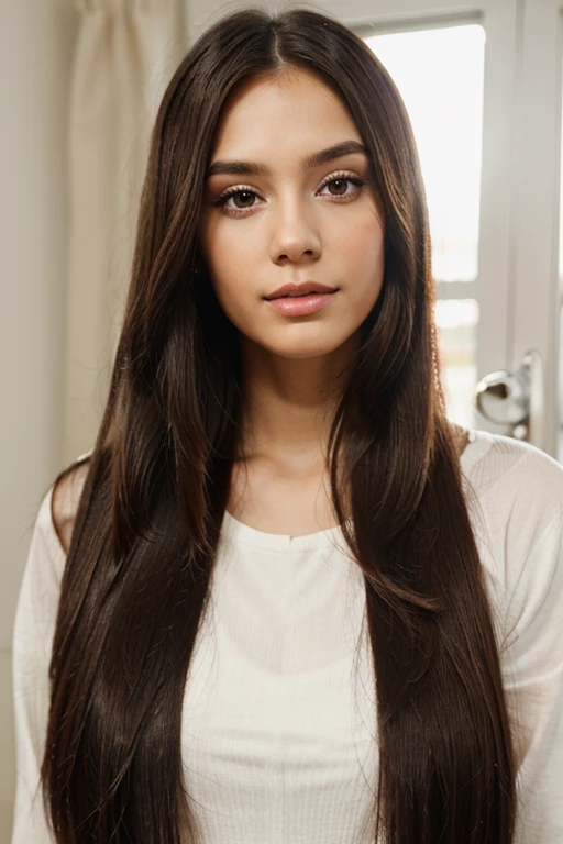 A  girl with straight long hair wearing a black dress with soft lighting details, alta qualidade,
