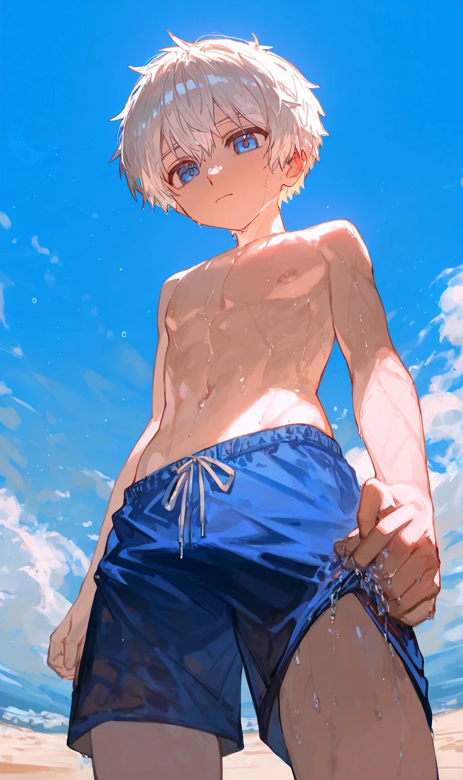Cartoon photo of a man in a white swimsuit, gender change, gender change(Girls to boys), Wet swimsuit, Man with short silver hair, wearing a swimming wear, garments:High-cut swimwear, Rogue Anime Boy, short-hair, Swimsuit, Cute boy in tank suit, onepiece swimsuit
