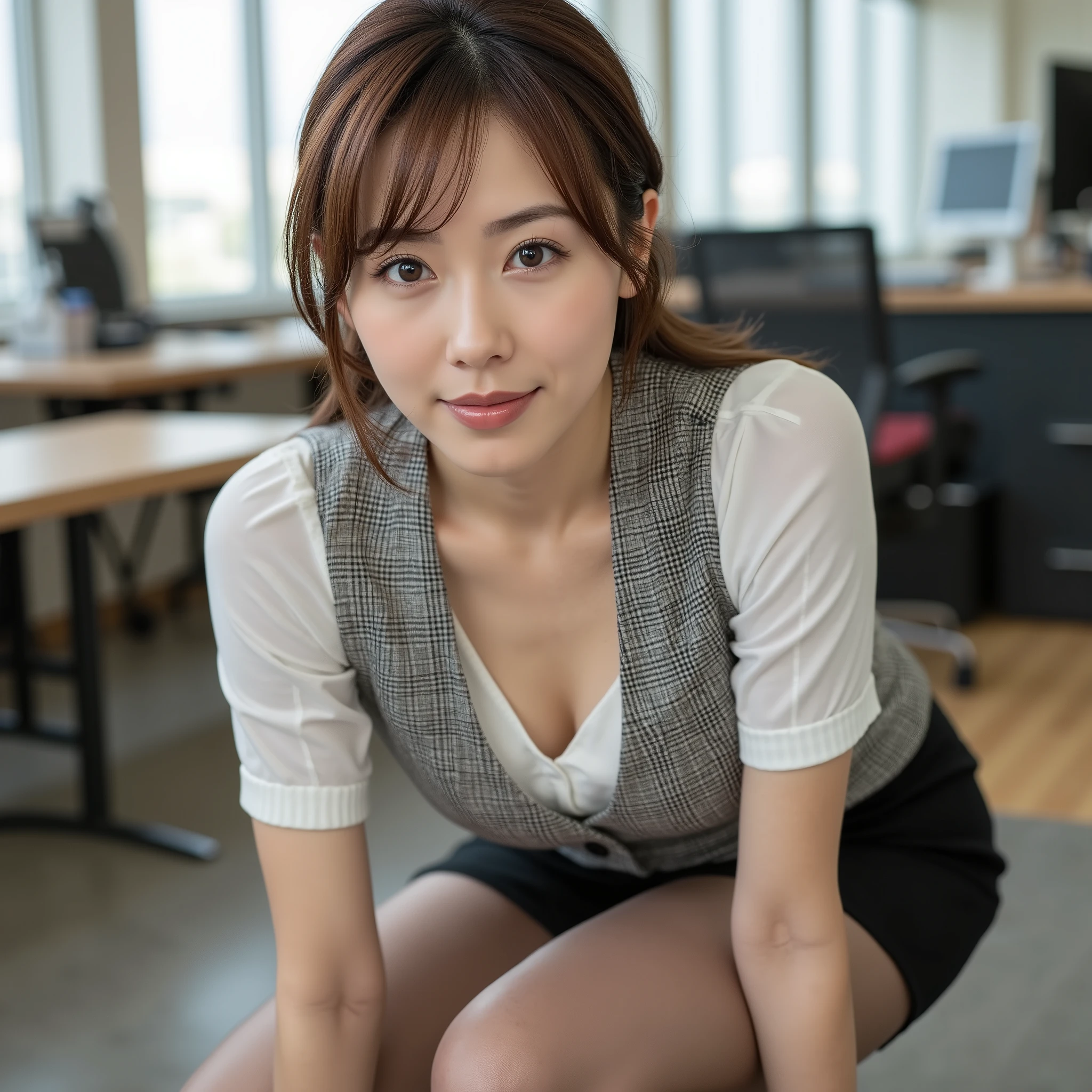 (Tabletop:1.4、 photorealistic :1.4、8k)、 best quality、masterpiece、 super high resolution、 perfect dynamic configuration、Big Face、Round face、(( light brown hair:1.4、 French Braid ))、 high definition skin and face texture:1.3、Hand and foot detail、cute and sexy 45 year old japanese office lady、(No makeup:1.2)、((Completely captivates you:0.9))、Company Open Office 、(( Check Vest and Black Skirt :1.4、 shirt、 black pantyhose:1.2))、( cleavage、 medium chest)、( Look Away、 beautiful eyes、 dark eyes、 Eyes That Feel Beautiful Eros :0.85)、 sexy face:0.4、( with their mouths closed 、Small Mouth、Thick lips、 Enjoy Beautiful Eroticism :0.85)、((Too cute beauty:0.9))、( taken from below)、( look down)、( crouch with your knees aligned)