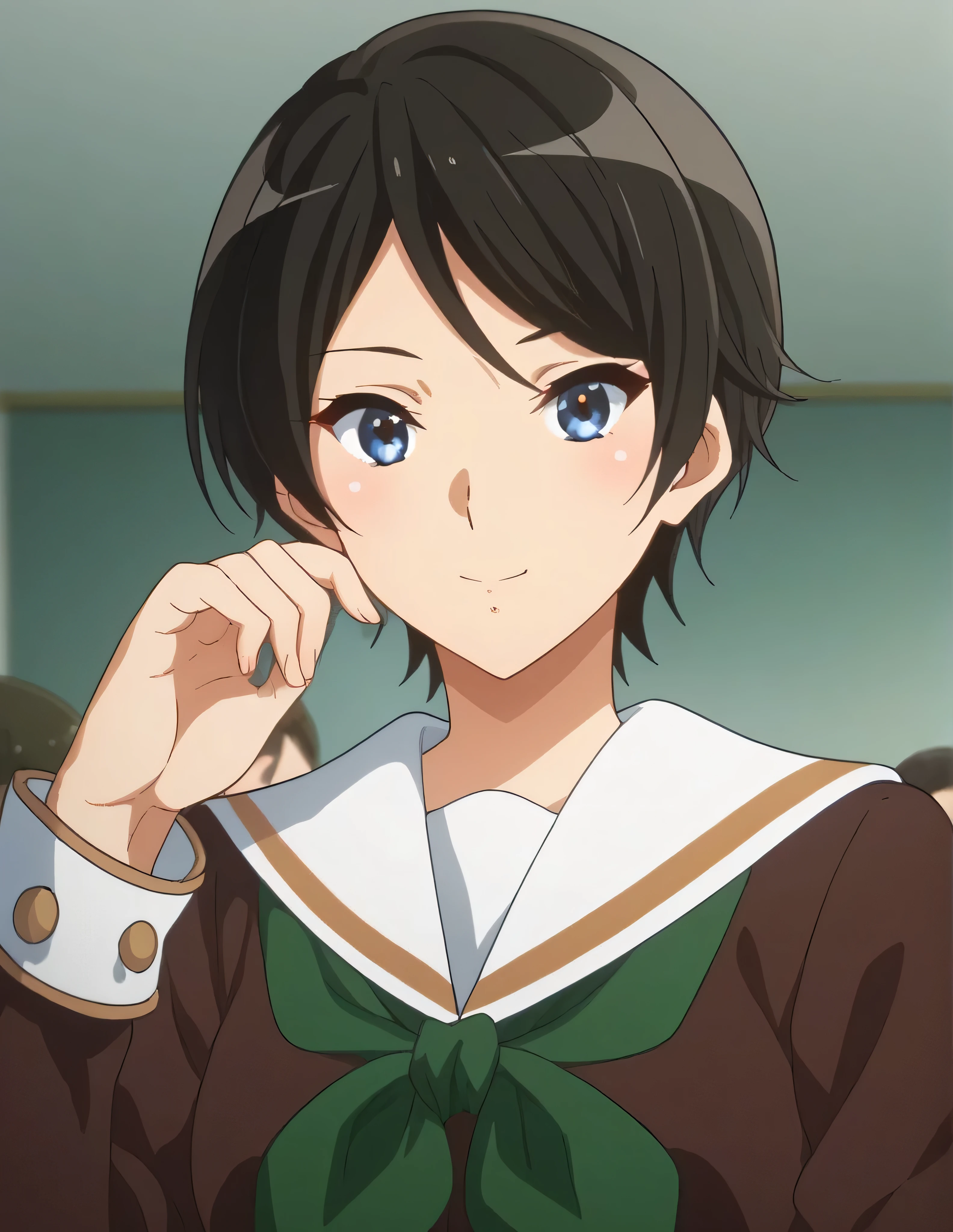 score_9, score_8_  up , score_7_  up , score_6_  up , score_5_  up ,   source_anime, rating_safe,  medium , indoor, hospital,   side 1 girl  , alone,  audience , suzuki mirei   ,   short hair ,  Hair between the eyebrows,   blue eyes,   school uniform,   Sera Clothing , Brown uniform,  white sailor color ,    Green Neckerchief ,   Long Sleeve ,  White cuffs ,   brown skirt  ,  pleated skirt,   Black Knee High  ,   loafers ,love affair,Maintaining the Company ,  are dating,  she touches a man's skin  , The Strongest Woman Who Won the Judo Tournament  ,  The Strongest Woman with Strong Blow Speed  ,  Her Smell Smells Like Being Touched by Men and Women,  The Strongest Woman Who Won the Judo Tournament  ,  The Strongest Woman Who Won the Judo Tournament  、 Is It OK to Kiss a Man  、  The Strongest Woman with Strong Stamina  、 She Touches a Man  、  The Strongest Woman with Negotiation Power  、 The Strongest Woman with Strong Mental Strength  、 The Strongest Woman Who Has Been Hit  、  The Strongest Woman Who Won the Judo Tournament  、  The Strongest Woman Who Won the Judo Tournament  、judo 9th dan, the strongest woman、Ninth Dan、The strongest woman who won the judo tournament、A little thick,judo player、judo、Inside the judo Gymnasium、On the tatami、discovery、whole body、rest、Raised in a judo family since hood. 