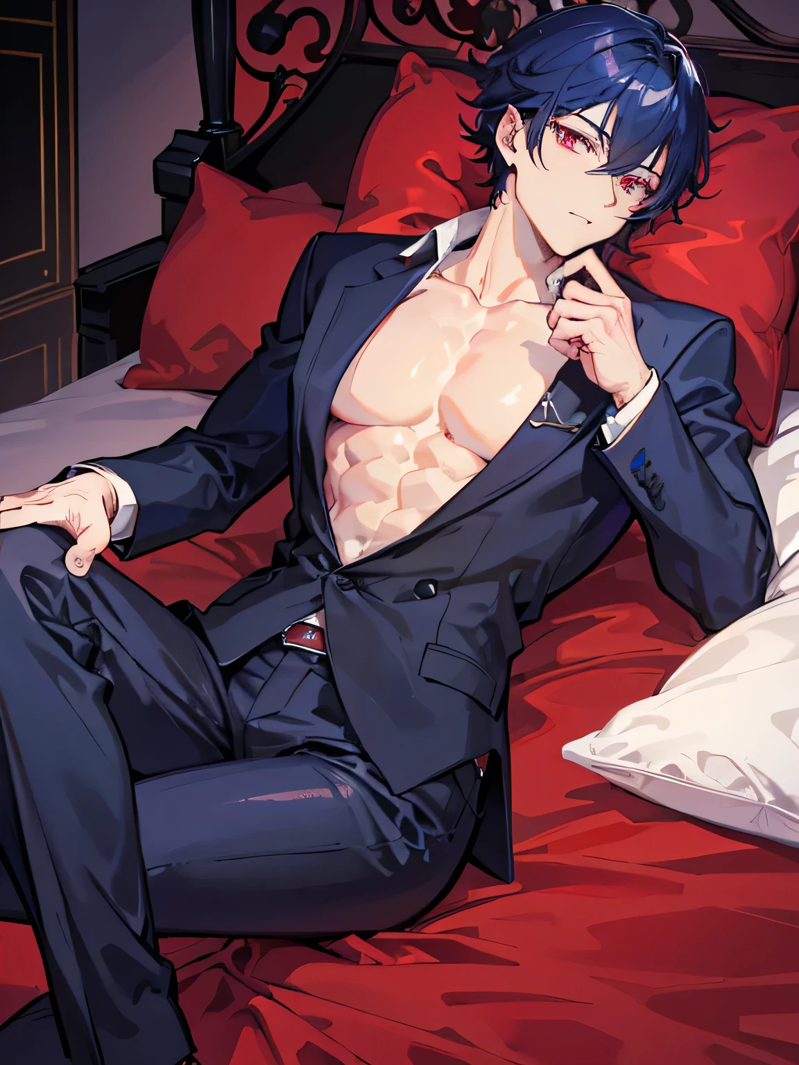 1boy, toned, ruby red eyes, HD, masterpiece, vibrant, full body view, black hair, collar, summer, naked, black pants, lying in bed, Midnight, handsome, submissive, nervous, sweaty, white skin, embarrassing face, blushing, libido.
