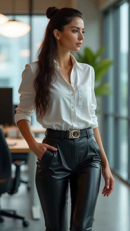 pretty latina milf, Girl dressed silk white shirt, vollbusig, Downbluse, vollbusig, Satin, Satin pants black leather, Lederhosen