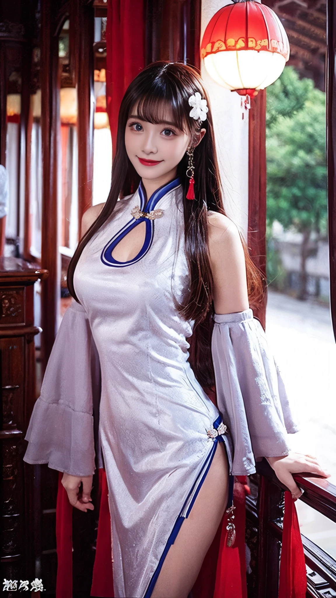   beautiful woman,     Chestnut hair    ,     Beautiful Eyes ,   Smile,  Actual , Full HD,   very beautiful dress  ，Fluffy dress ， curved body，Magnificent view ，Gorgeous decoration，cheongsam，中国发髻