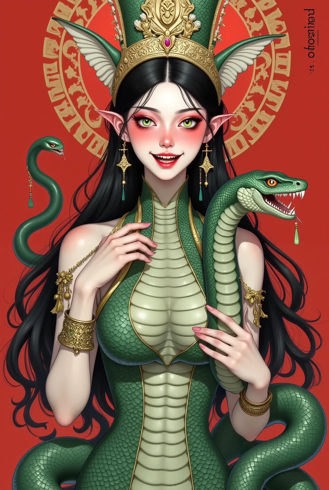 (((Portrait of a beautiful snake woman ,Wear a hat made of silver with tassels,,Enchanting green eyes 。Open your mouth,Fangs,Holding a snake in his hand,Motion Capture)))。Snakeskin,Snake Body,Snake tail. red background,sun。 border decoration 。