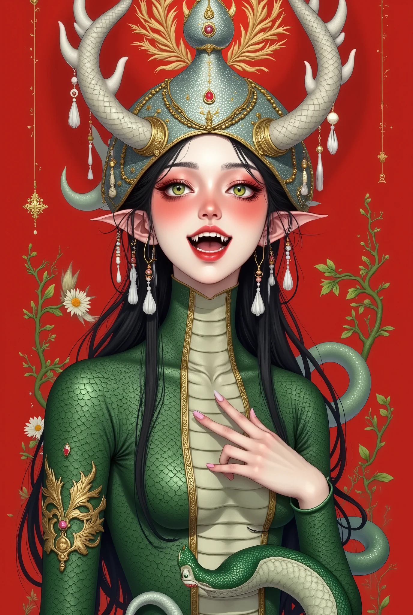 (((Portrait of a beautiful snake woman ,Wear a hat made of silver with tassels,,Enchanting green eyes 。Open your mouth,Fangs,Holding a snake in his hand,Motion Capture)))。Snakeskin,Snake Body,Snake tail. red background,sun。 border decoration 。