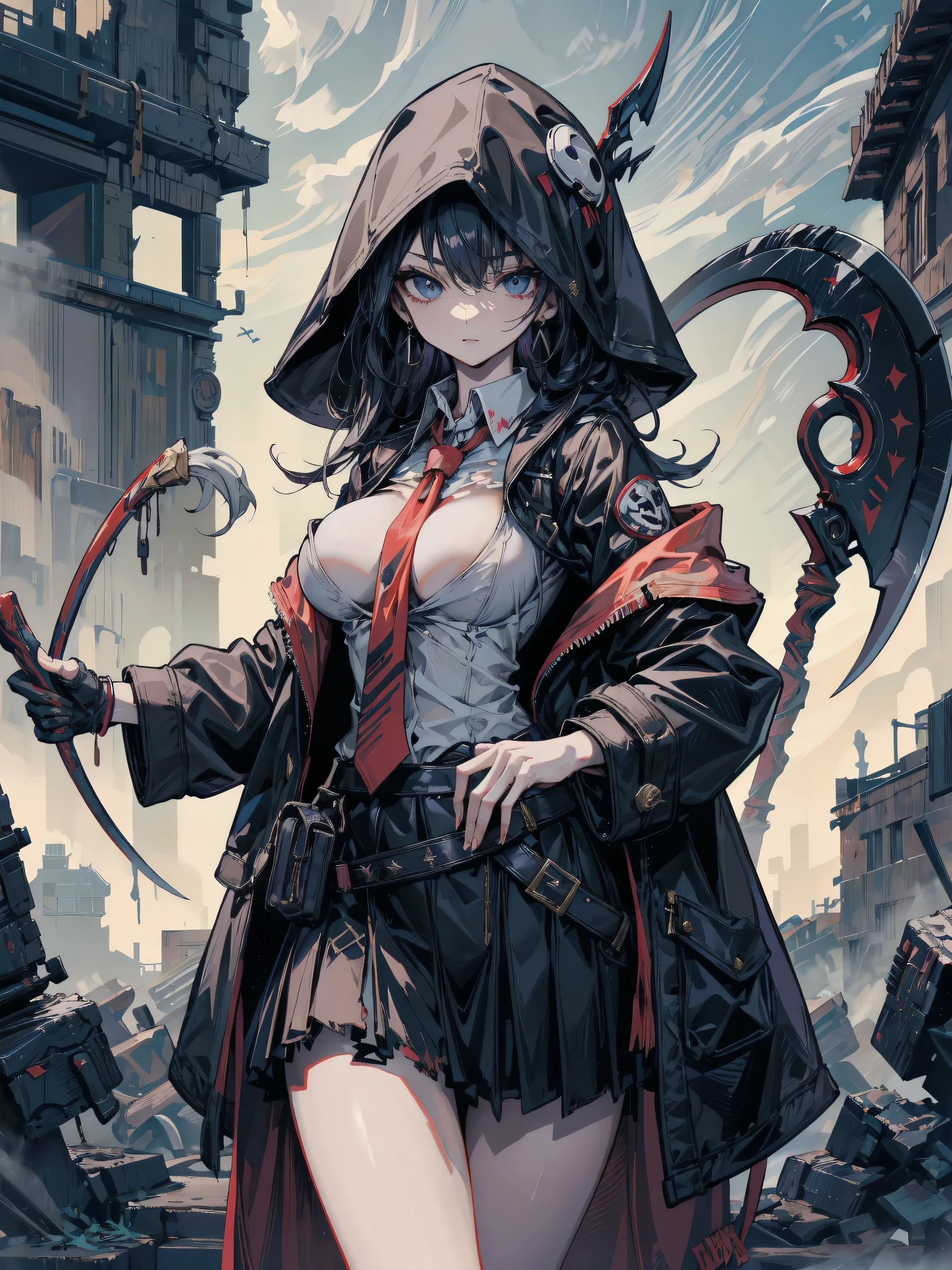 hight resolution、super detailed skin、 (shinny skin)、(masterpiece、top-quality:1.4)、(Photorealsitic、Perfect Anatomy:1.4) (1 pretty girl、独奏:1.2)(Little Red Riding Hood wearing a black hard rock rider jacket、ROCK leather skirt、little red riding hood with hood、black pantyhose:1.2)独奏(Wolf ears)(With a Gatling gun、Stance:1.5)(BREAK)(quietly excited:1.3)(Ultra-detailed facial features:1.5)(Underworld、Back alley)
