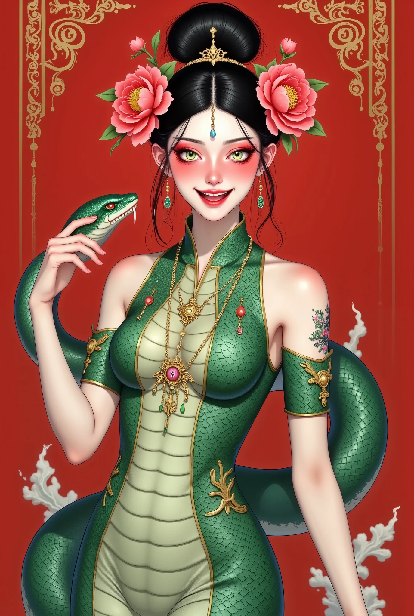 ((( Beautiful Snake Girl，Black high bun ， wearing a huge red peony on her head，，Enchanting green eyes 。Open your mouth，Fangs，Holding a snake in his hand，Motion Capture)))。snakeskin skirt,Snake Body，Snake tail. red background，Auspicious cloud pattern on top。 border decoration 。